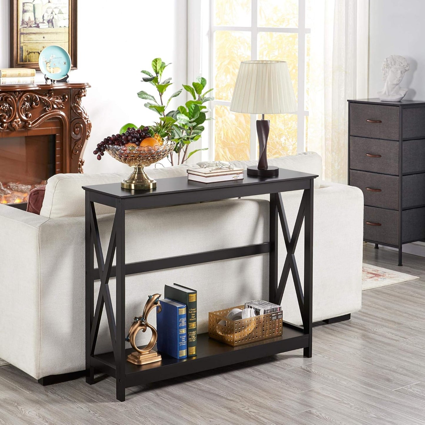 Console Table for Entryway, 2 Tier Entryway Table Bookshelf Accent Table w/Storage Shelf Living Room Entry Hall Foyer Table Furniture, Black