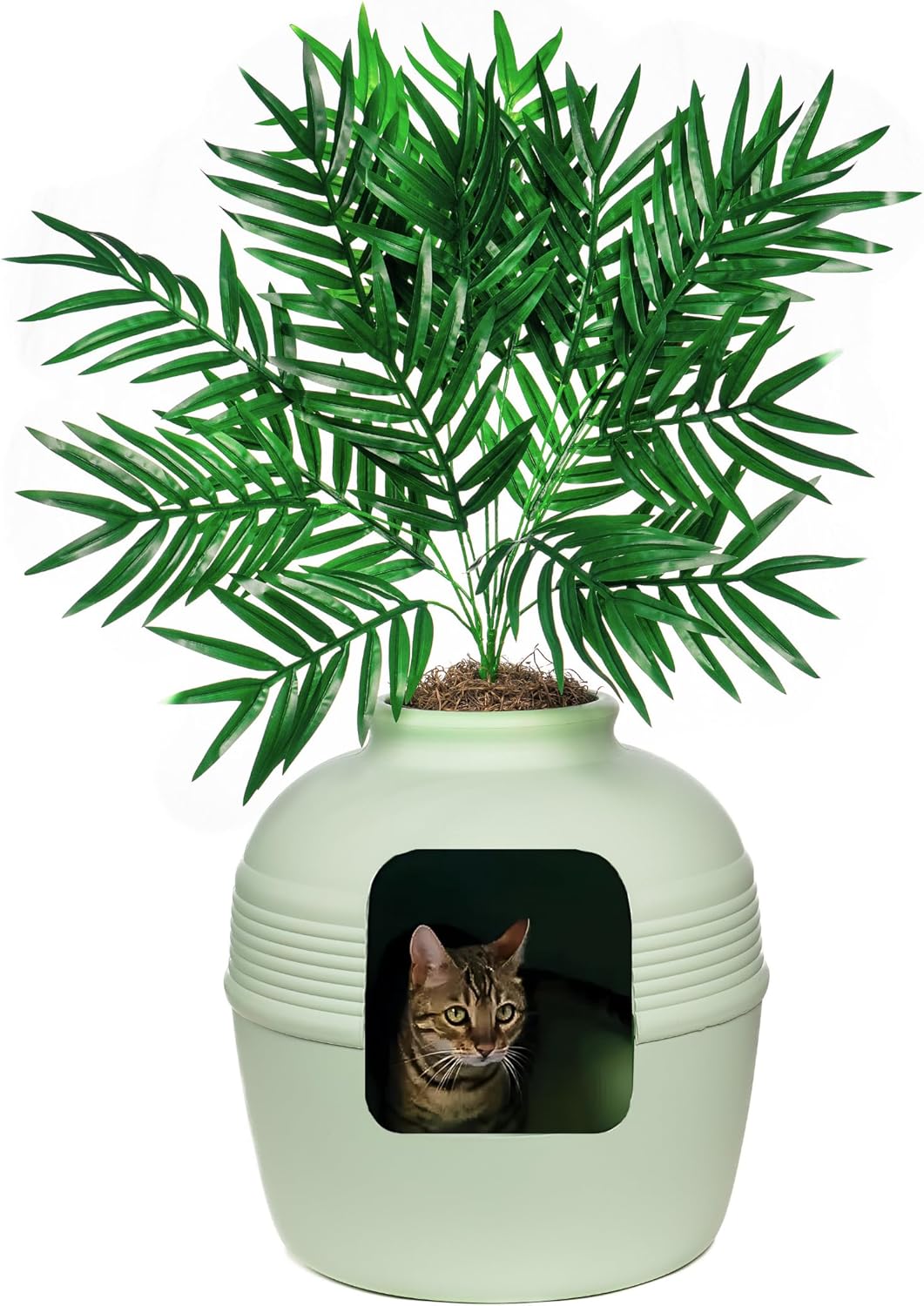 Hidden Litter Box Base Kit, Round Enclosed Cat Planter Furniture with Fake Plant, Hooded Vented Carbon Filter System for Odor Control, Easy to Clean, Made in USA, White Birch