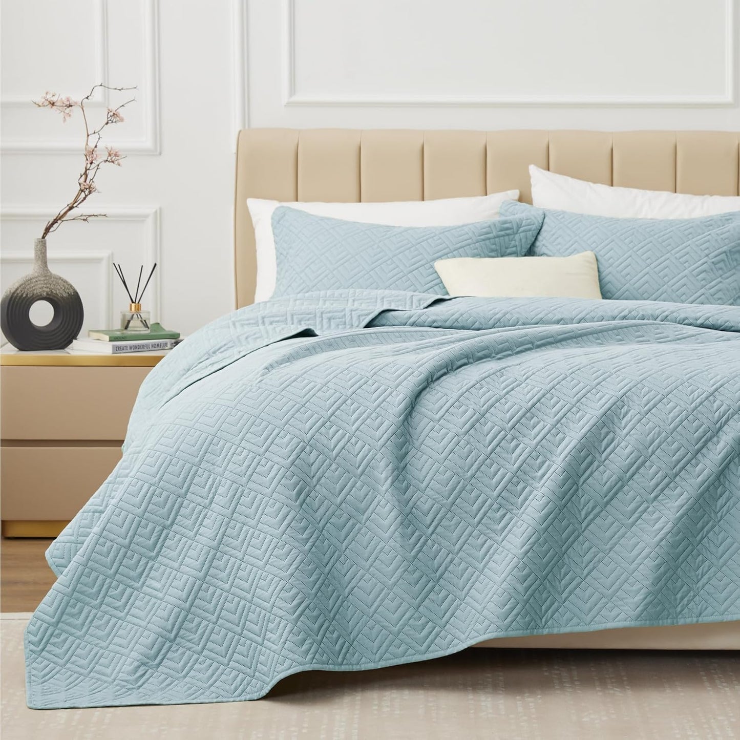 Home Quilt Set Full Queen Size Grey 3 Piece,Lightweight Soft Coverlet Squares Pattern Bedspread Set for All Season(1 Quilt,2 Pillow Shams)