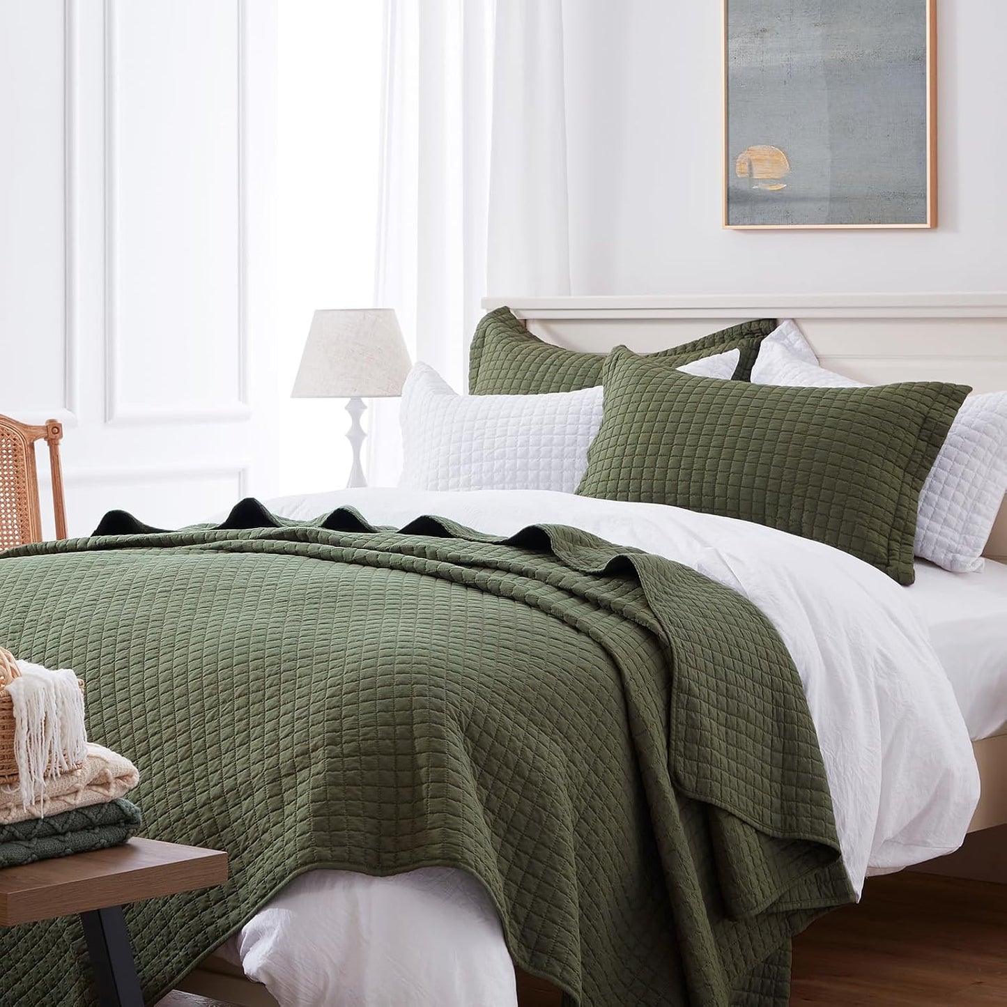Quilt Set King Olive Green Lightweight Bedspread Soft Reversible Coverlet for All Season 3pcs Army Green Diamond Quilted Bedding Sets (1 Quilt 2 Pillow Shams)(106"x96")