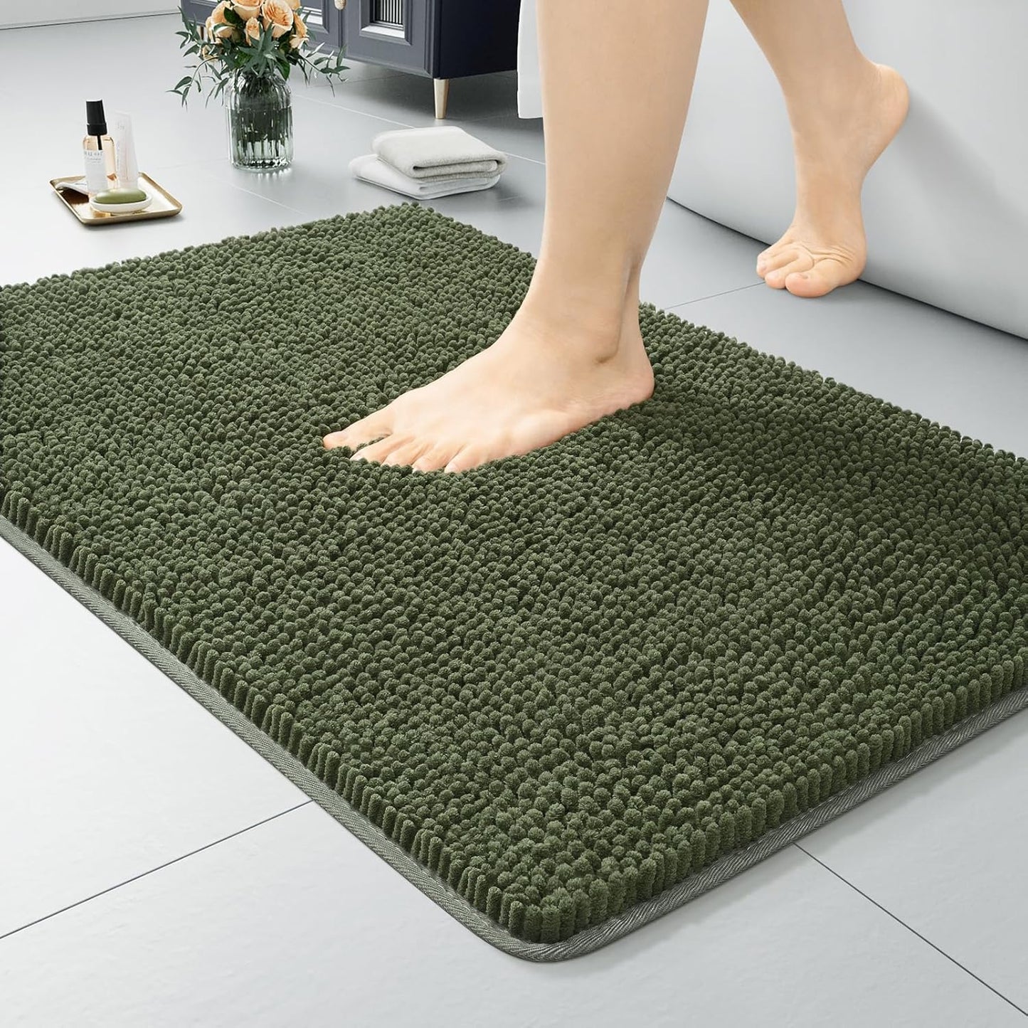 Luxury Bathroom Rug Shaggy Bath Mat 24 x 60 Inch, Washable Non Slip Bath Rugs for Bathroom Shower, Soft Plush Chenille Absorbent Carpets Mats, Black