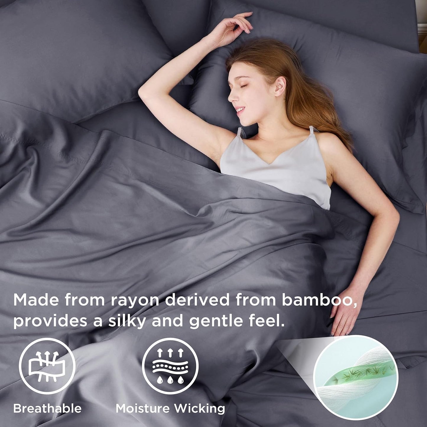 Queen Sheet Set, Cooling Sheets for Queen Size Bed Set, Rayon Derived from Bamboo, Breathable & Soft Deep Pocket Up to 16 Inches, Hotel Luxury Silky Bedding, Bedsheet & Pillowcases, Dark Grey