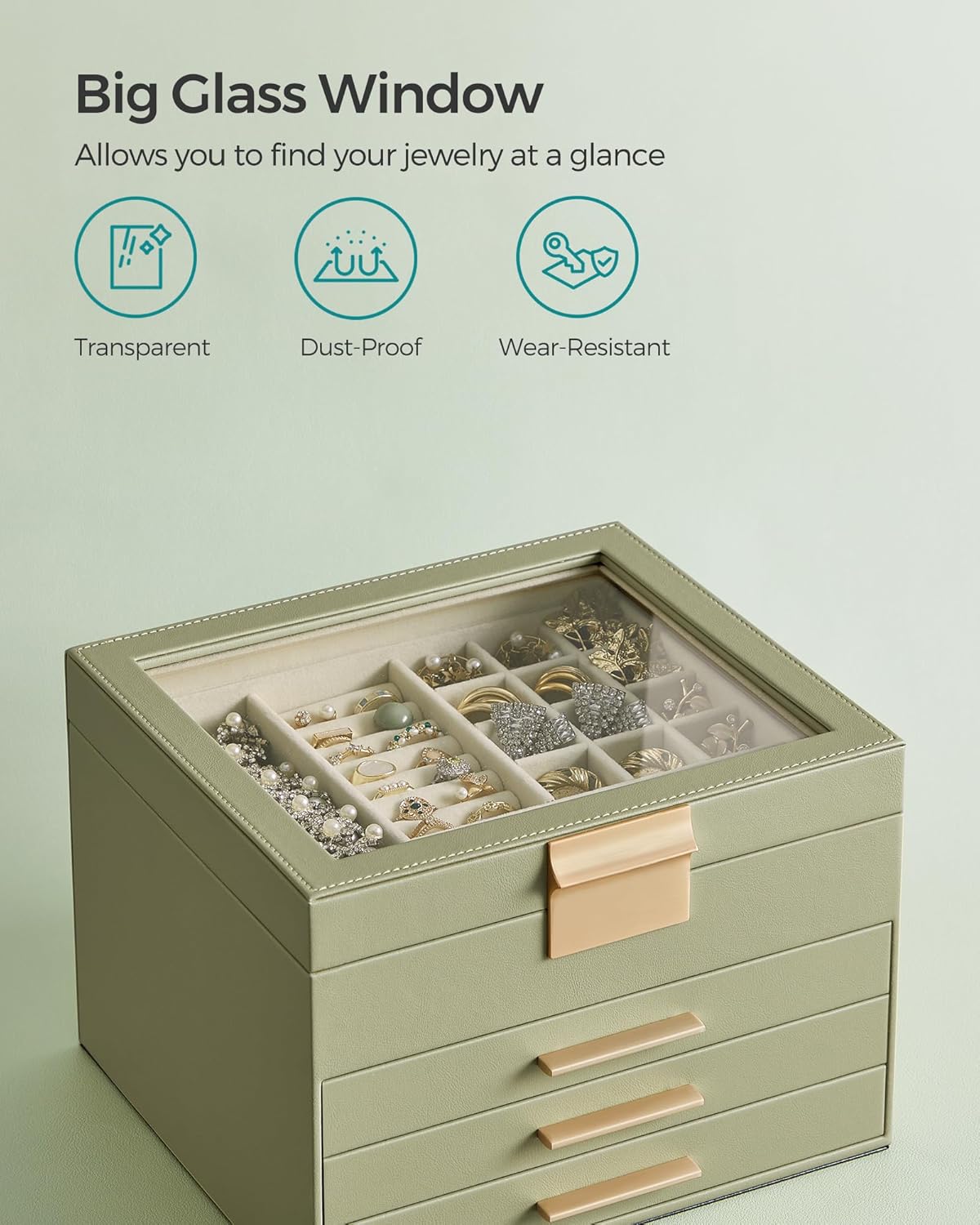 Jewelry Box with Glass Lid, 4-Layer Jewelry Organizer, 3 Drawers, for Big and Small Jewelry, Jewelry Storage, Modern Style, 8 x 9.1 x 6.5 Inches, Avocado Green and Gold Color UJBC173C02