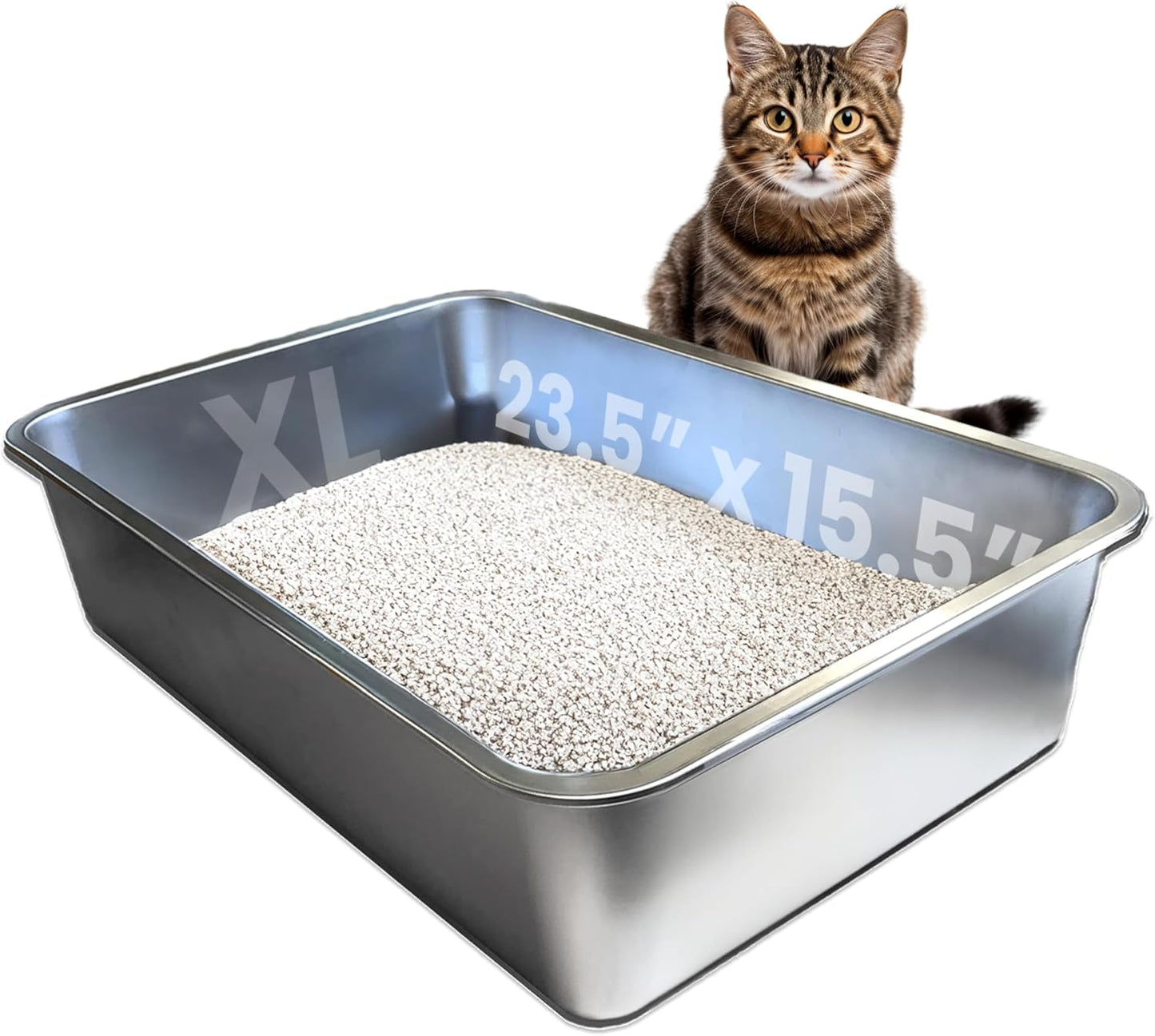Stainless Steel XL Cat Litter Box - XL Litter Box for Big Cats - Large Cat Litter Box - Never Absorbs Odor, Stains, or Rusts - Easy Cleaning Litterbox Designed by Cat Owners (1 Pan)