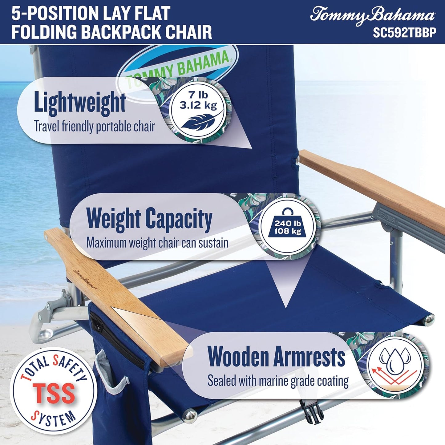 5-Position Classic Lay Flat Folding Backpack Beach Chair, Blue and Green Stripe , 23" x 25.25" x 31.5"