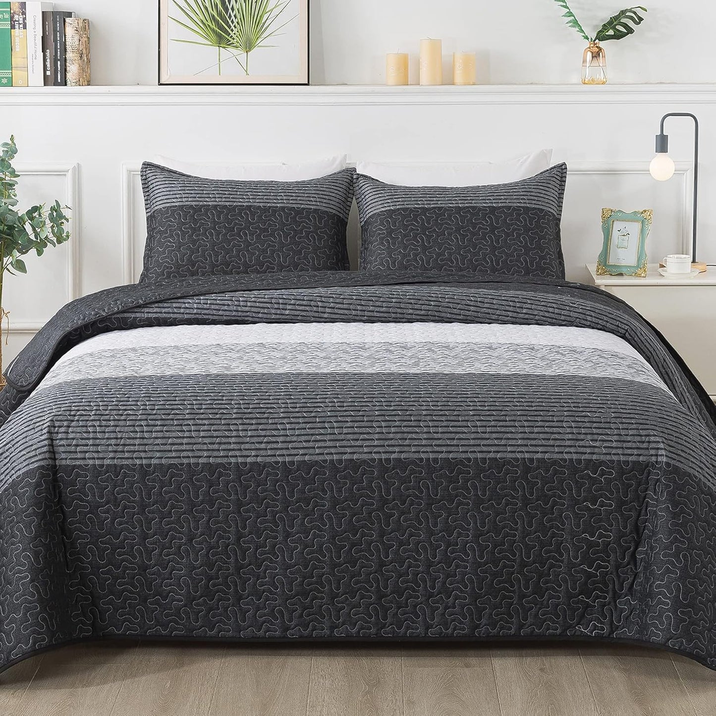 King Size Quilt Set Mineral Blue, 3 Pieces Summer Ultra Soft Lightweight Bedspreads & Coverlets Set, Patchwork Striped Quilted Bedding Sets for All Seasons (1 Quilt, 2 Pillow Shams)