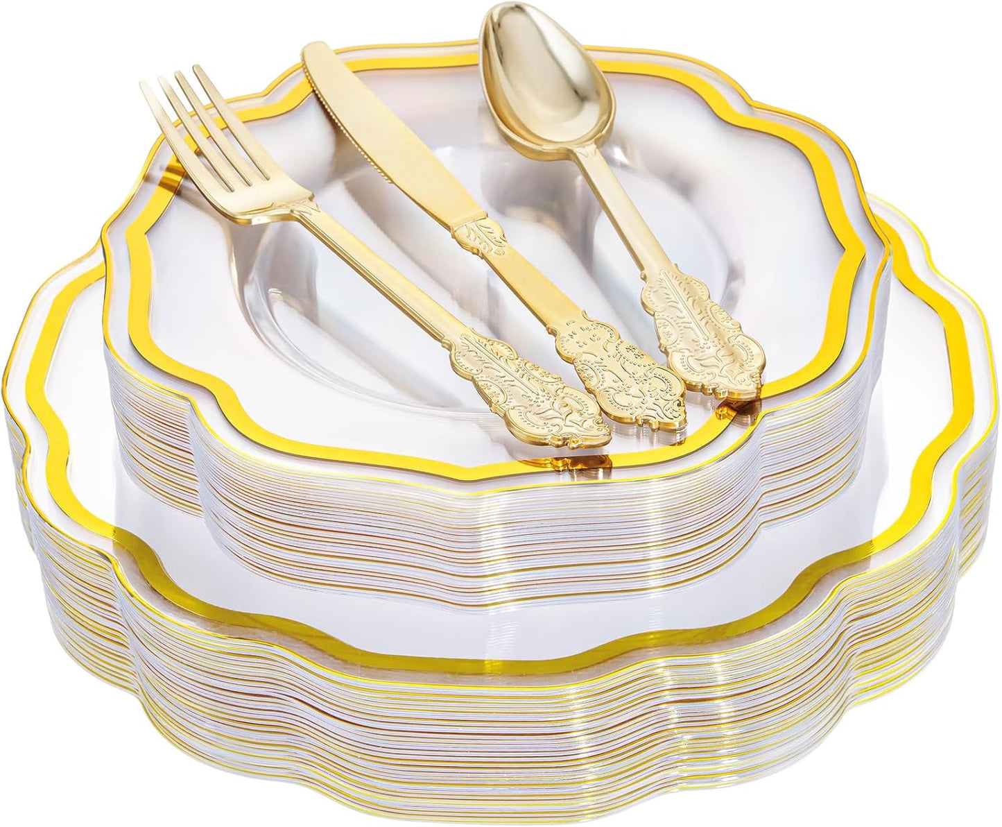 175PCS Pink Plastic Plates - Pink Plates with Gold Disposable Silverware - Include 50 Plates,25 Knives,25 Forks,25 Spoons,25 Cups and 25 Napkins - Ideal for Wedding & Party