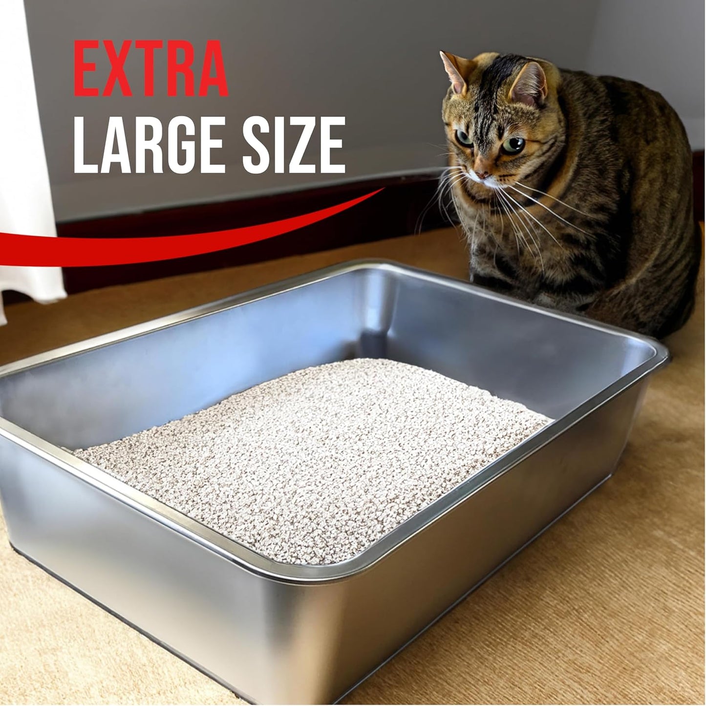 Stainless Steel XL Cat Litter Box - XL Litter Box for Big Cats - Large Cat Litter Box - Never Absorbs Odor, Stains, or Rusts - Easy Cleaning Litterbox Designed by Cat Owners (1 Pan)