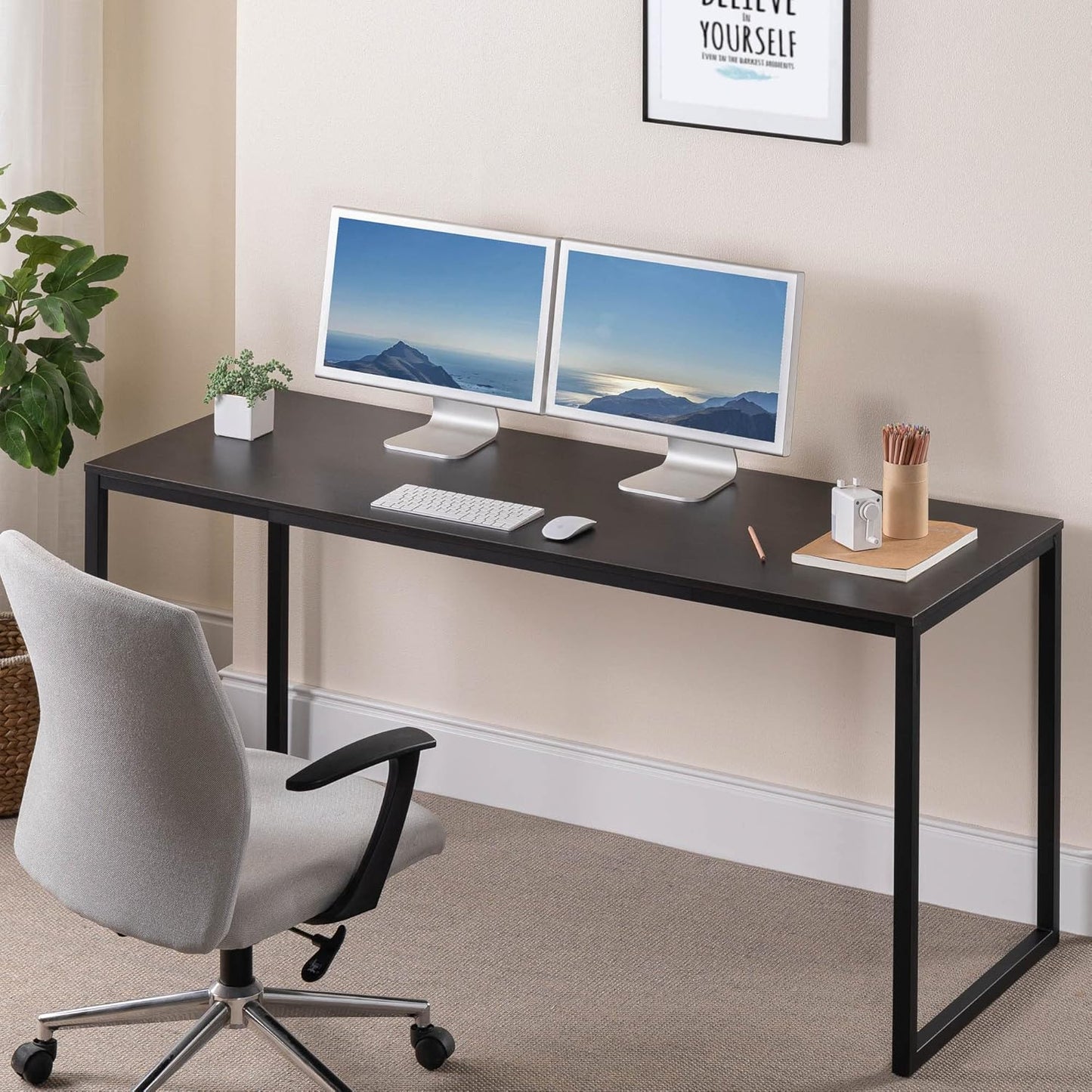 55 Inch White Frame Desk, Computer Workstation, Office Desk, Dining Table, Easy Assembly, Natural
