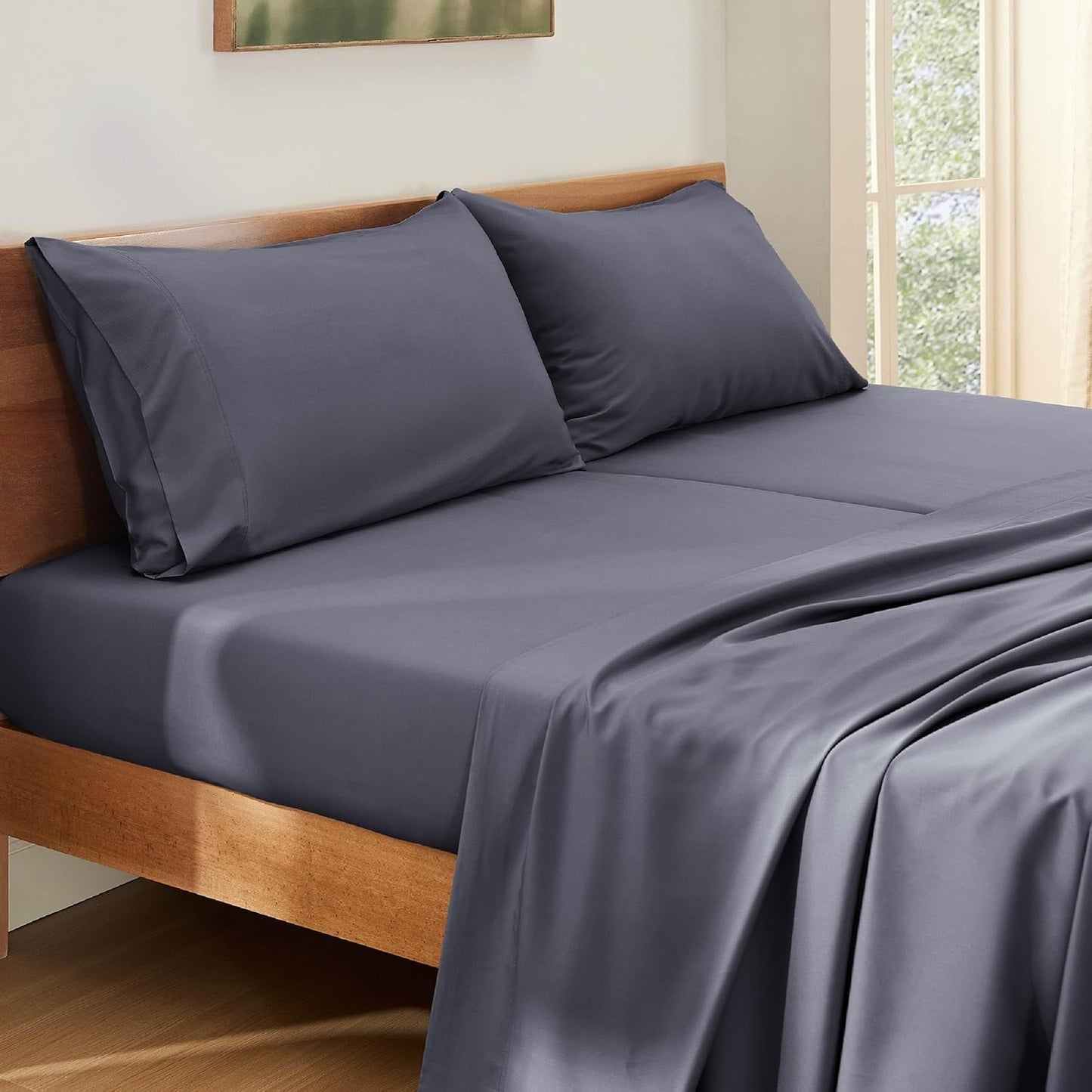 Queen Sheet Set, Cooling Sheets for Queen Size Bed Set, Rayon Derived from Bamboo, Breathable & Soft Deep Pocket Up to 16 Inches, Hotel Luxury Silky Bedding, Bedsheet & Pillowcases, Dark Grey