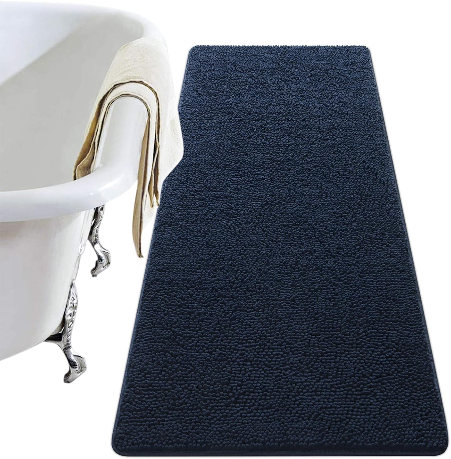 Luxury Bathroom Rug Shaggy Bath Mat 24 x 60 Inch, Washable Non Slip Bath Rugs for Bathroom Shower, Soft Plush Chenille Absorbent Carpets Mats, Black