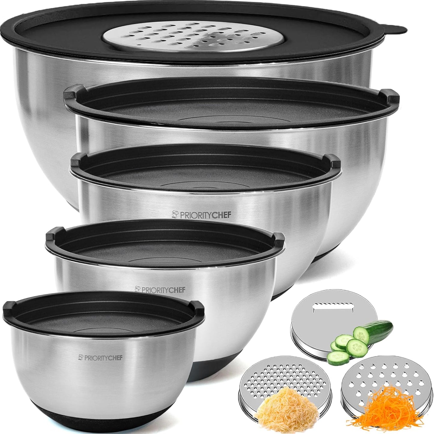 Stainless Steel Mixing Bowls with Lids Set, 3 Grater Attachments, Airtight Lids, Non-Slip Silicone Base Mixing Bowl Set, Large Prep Metal Mixing Bowls for Kitchen, Black