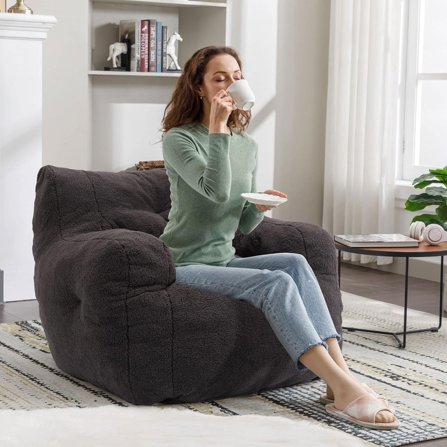 Bean Bag Chairs, Tufted Soft Stuffed Bean Bag Chair with Filler, Fluffy Lazy Sofa, Imperial Lounger Giant Bean Bag Chair for Bedroom, Living Room, Dark Black