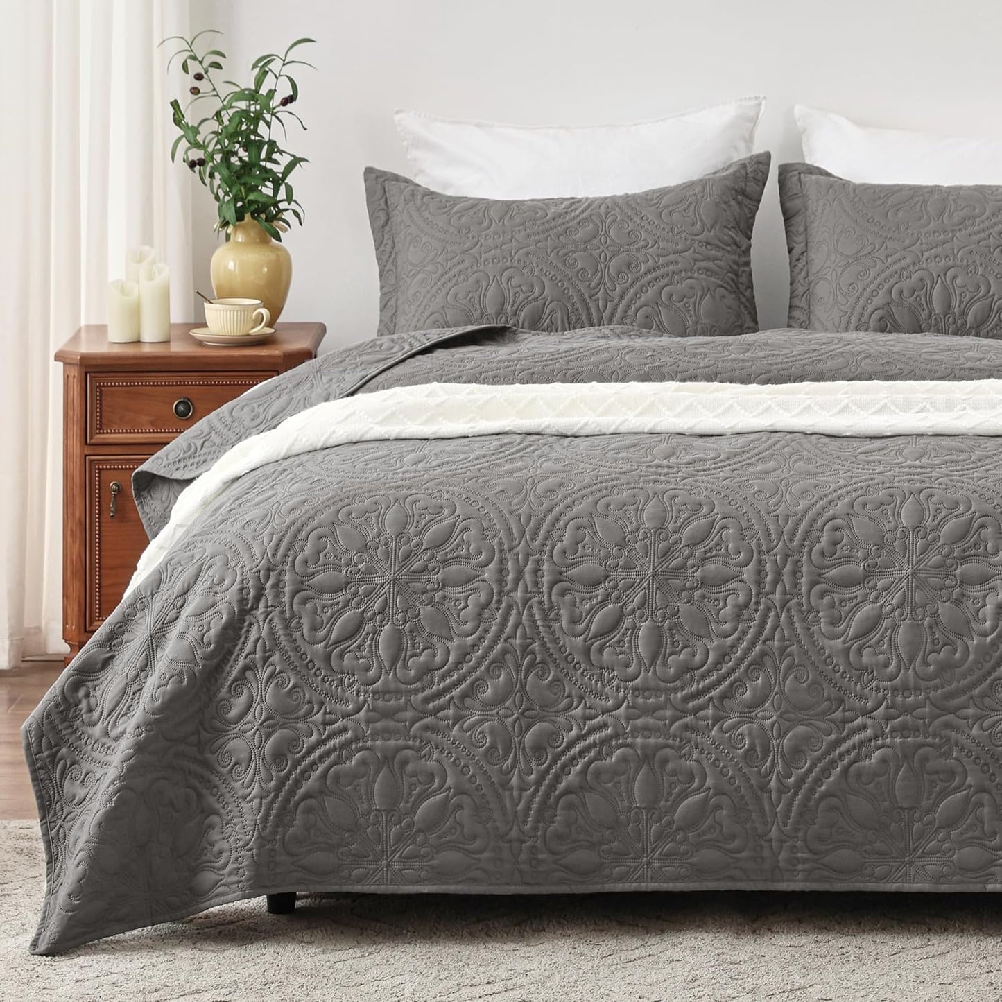 Home Quilt Set Full Queen Size Grey 3 Piece,Lightweight Soft Coverlet Squares Pattern Bedspread Set for All Season(1 Quilt,2 Pillow Shams)