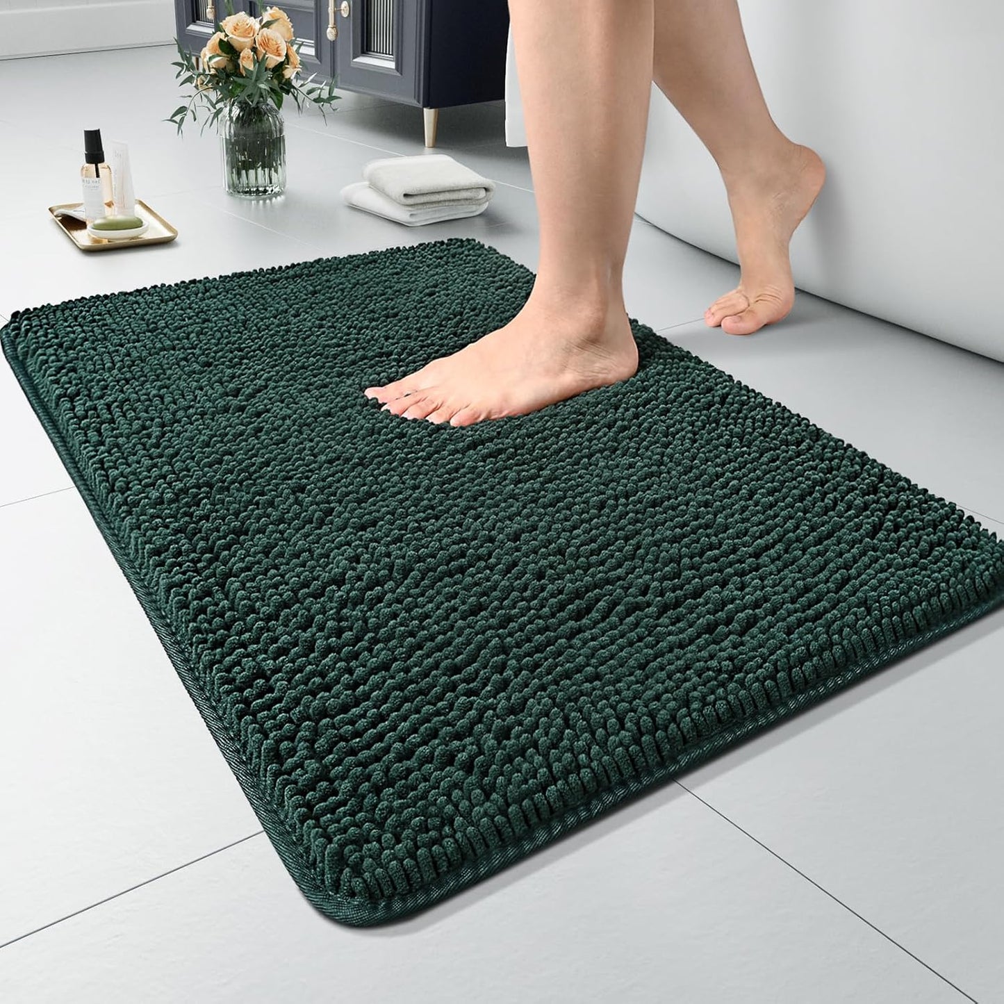 Luxury Bathroom Rug Shaggy Bath Mat 24 x 60 Inch, Washable Non Slip Bath Rugs for Bathroom Shower, Soft Plush Chenille Absorbent Carpets Mats, Black