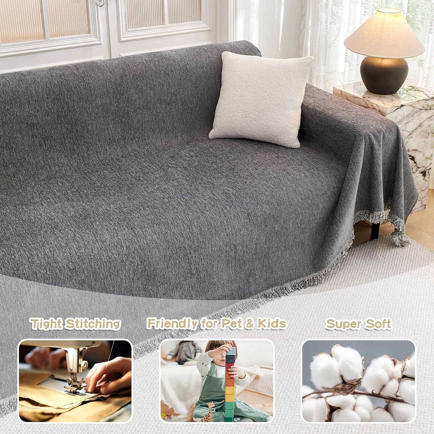 Couch Cover for Dogs, Washable Couch Covers, Non Slip Couch Sofa Cover, Couch Cover 2 Cushion Sofa Dogs Furniture Protector with Tassels Chenille Sofa Covers for Pets, 71"x118", Dark Grey
