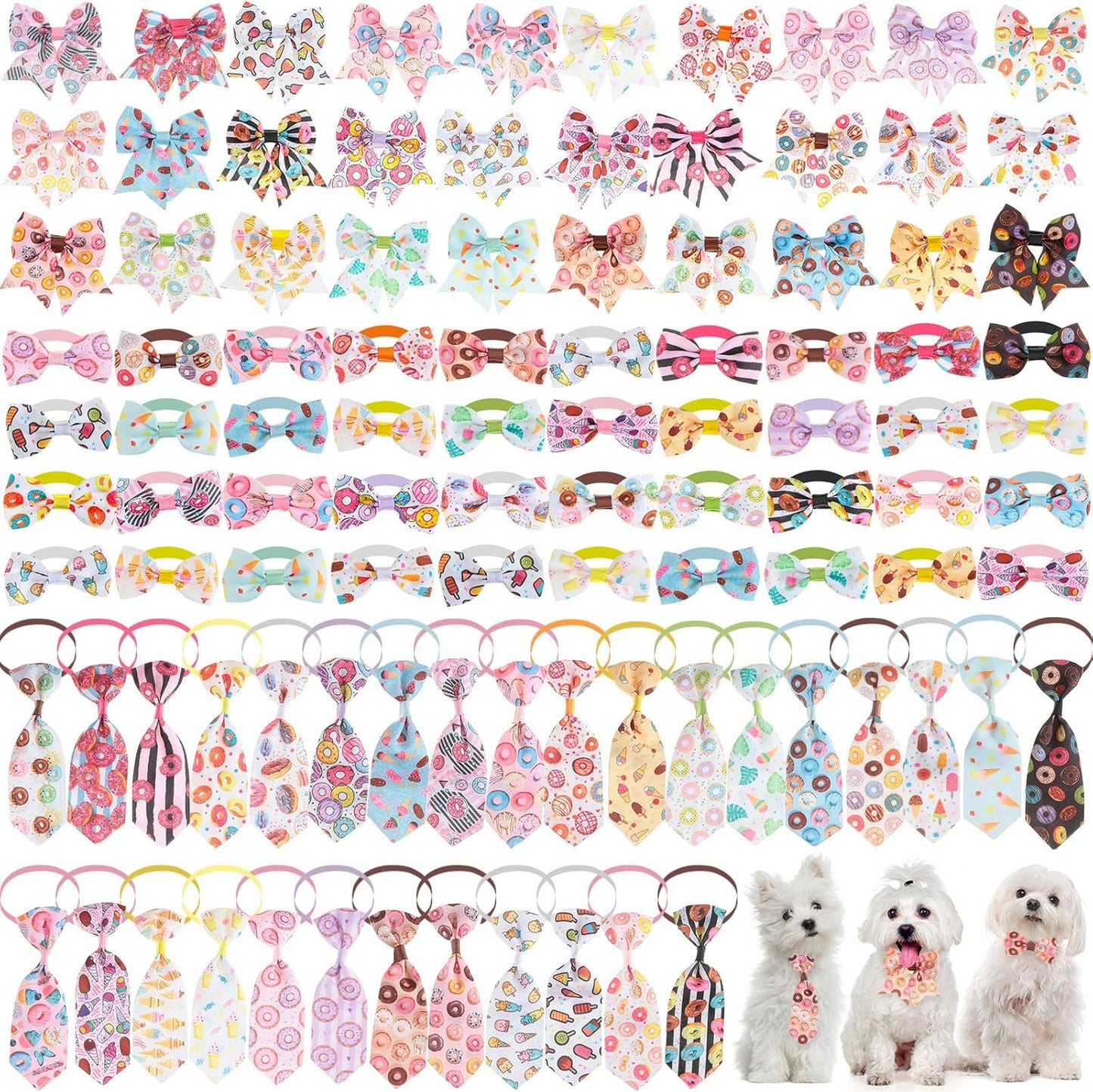 100 Pieces Dog Bow Tie Collar Set Include 40 Dog Neckties, and 30 Puppy Bowties, 30 Collar Flowers, Adjustable Pet Ties Grooming for Small Medium Cats Pets Supply(Paw Bone)