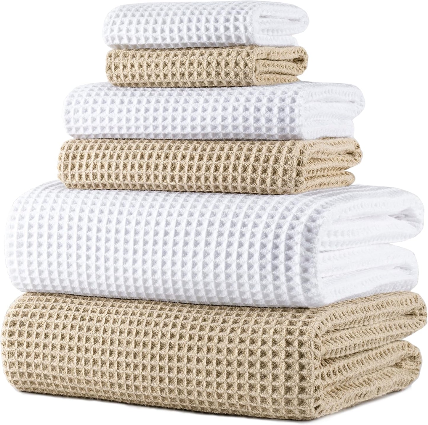 Oversize, 60 x 30 in., Quick Dry Lint Free Microfiber Bath Towel Set, 6 Piece (Beige, Waffle Weave)