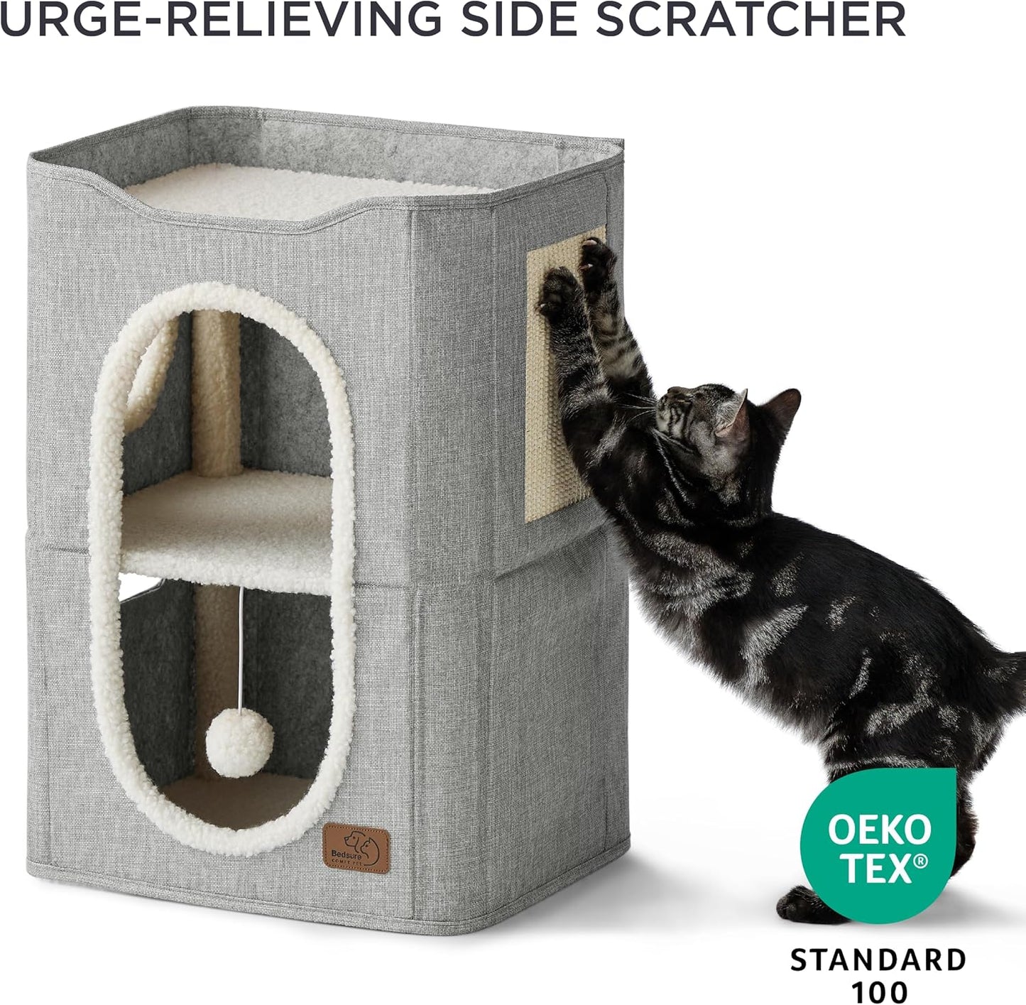 2-Level Cat House for Indoor Cats - Small Cat Towers with Scratch Pad and Hideaway Condo, Cat Cave Bed Furniture for Multi Pets and Large Cats, 18x14x23 inches, Grey