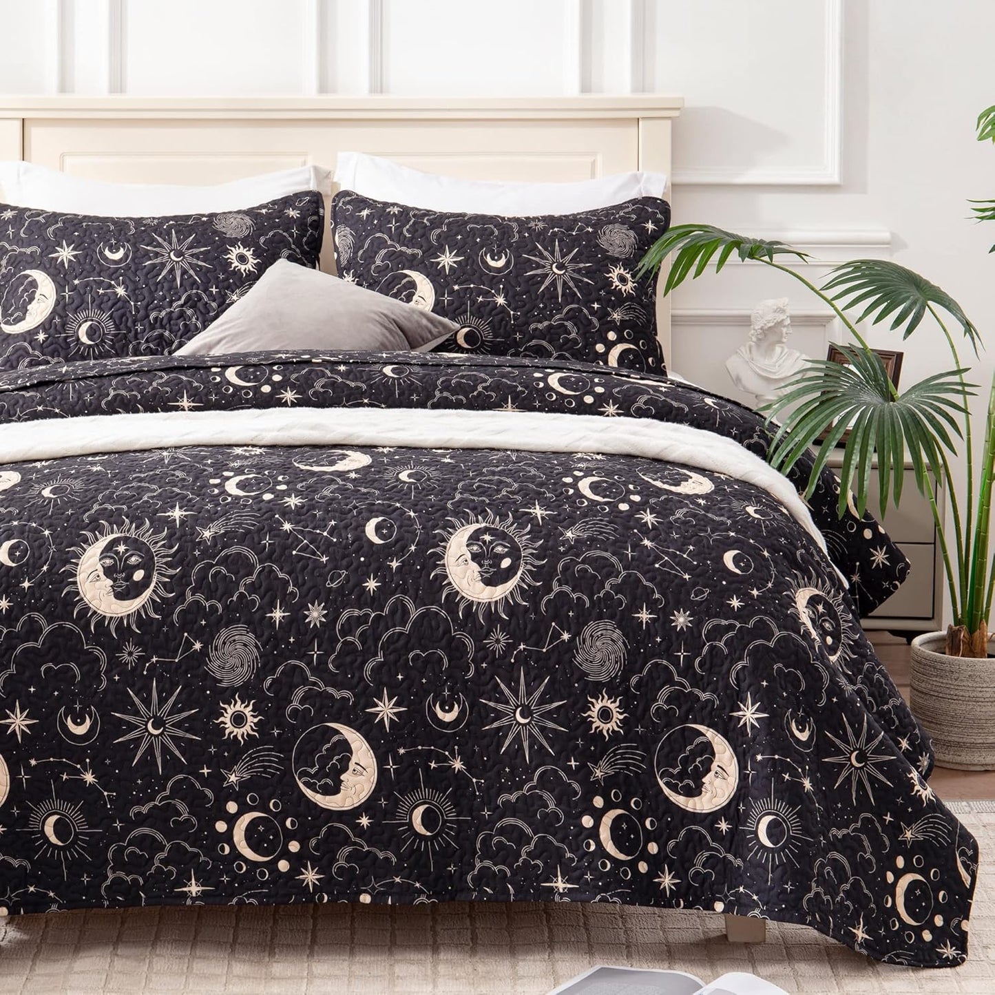 Home Quilt Set Full Queen Size Grey 3 Piece,Lightweight Soft Coverlet Squares Pattern Bedspread Set for All Season(1 Quilt,2 Pillow Shams)