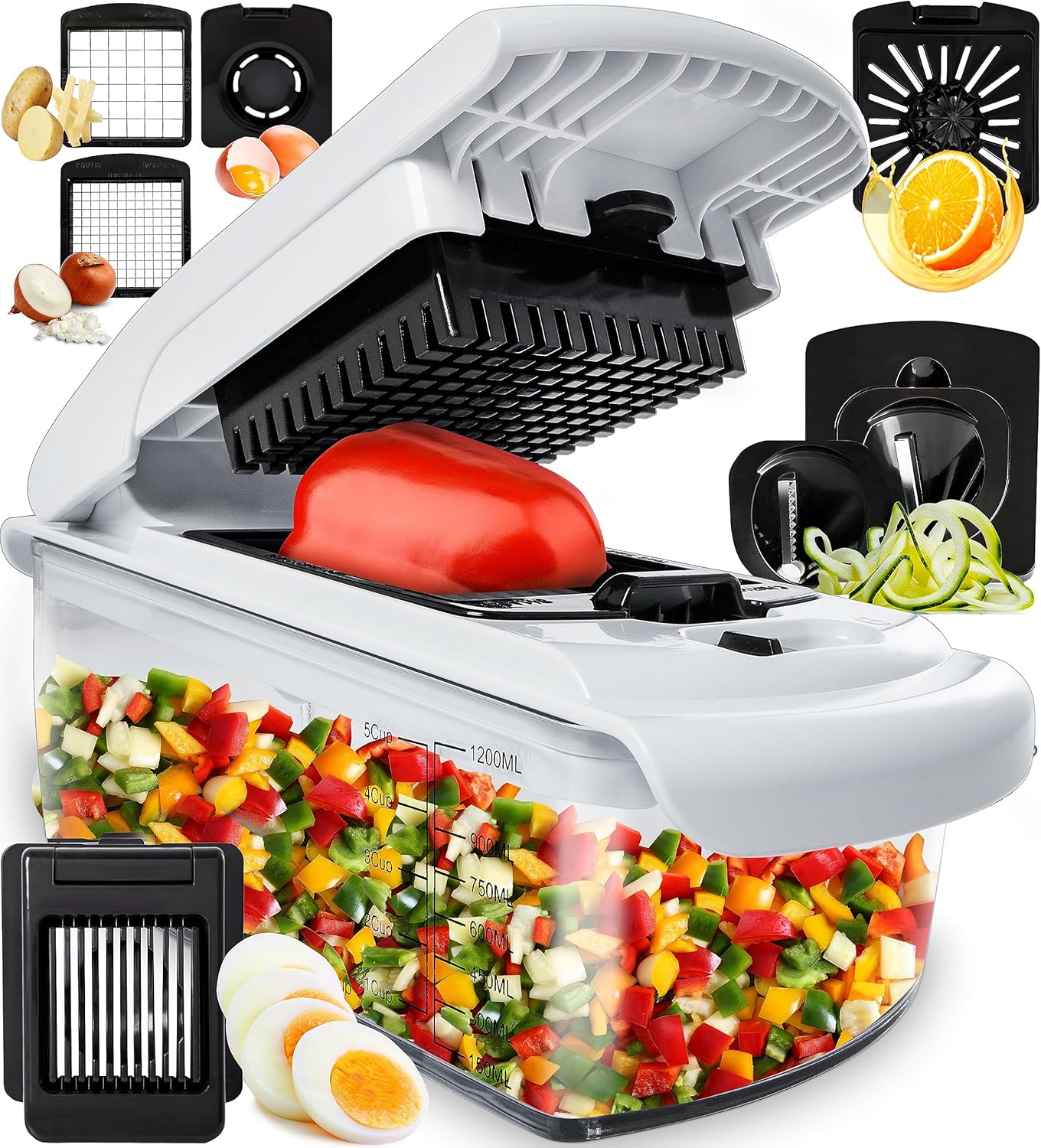 Vegetable Chopper - Food Chopper - Onion Chopper - Vegetable Slicer & Spiralizer - Veggie Chopper with Container - Kitchen Gadgets - Home Essentials - Kitchen Accessories (9 in 1, White)