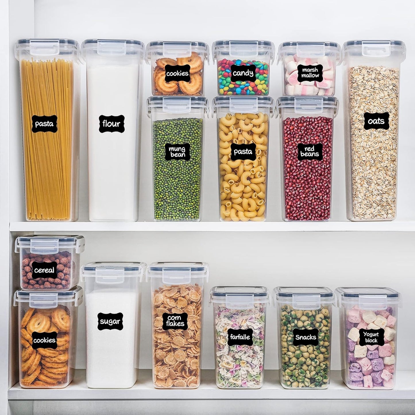 Airtight Food Storage Containers with Lids, 24 pcs Plastic Kitchen and Pantry Organization Canisters for Cereal, Dry Food, Flour and Sugar, BPA Free, Includes 24 Labels,Black