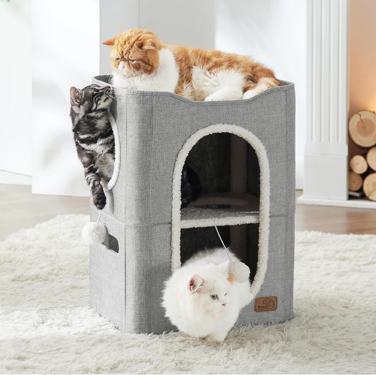 2-Level Cat House for Indoor Cats - Small Cat Towers with Scratch Pad and Hideaway Condo, Cat Cave Bed Furniture for Multi Pets and Large Cats, 18x14x23 inches, Grey