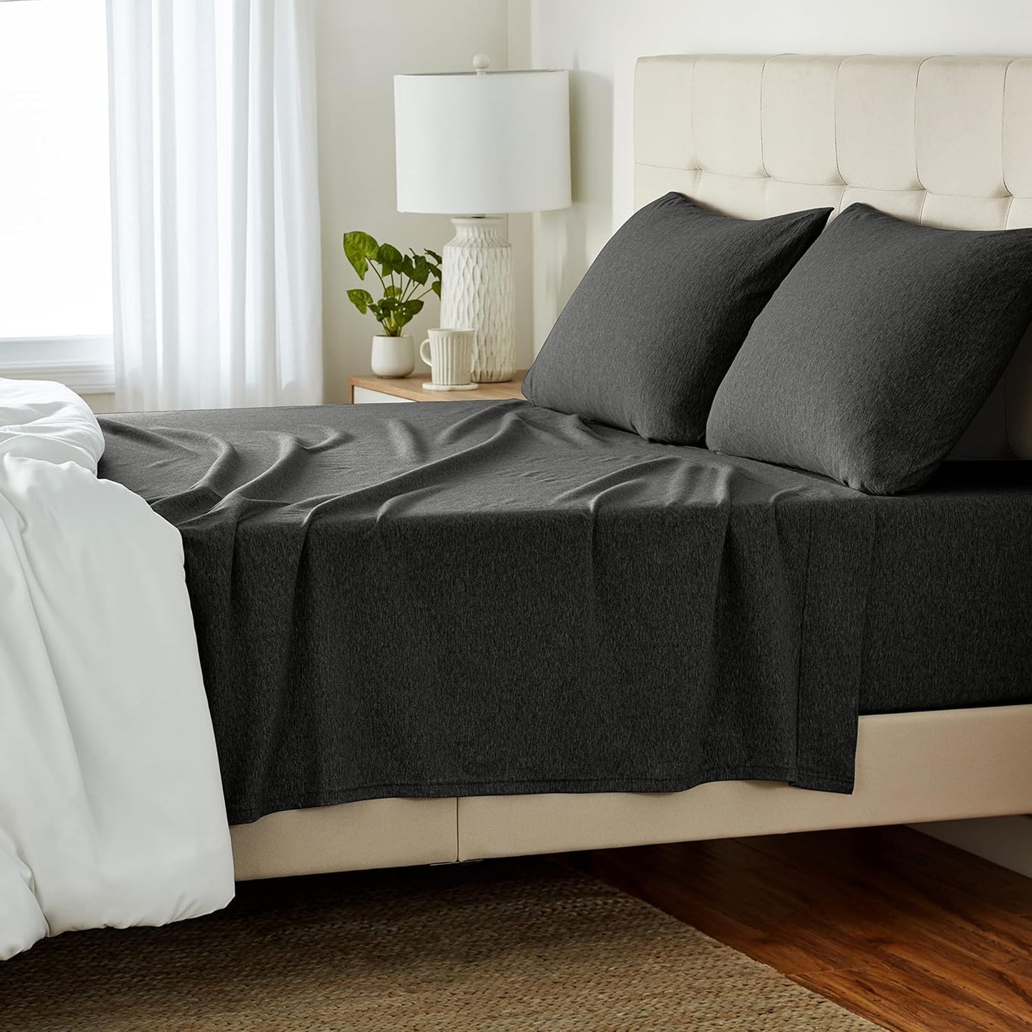 Basics 4 Piece Bed Sheets Set, 100% Cotton Jersey, Includes Super Soft, Flat and Fitted Sheets, Pillowcase, King, Oatmeal, Solid