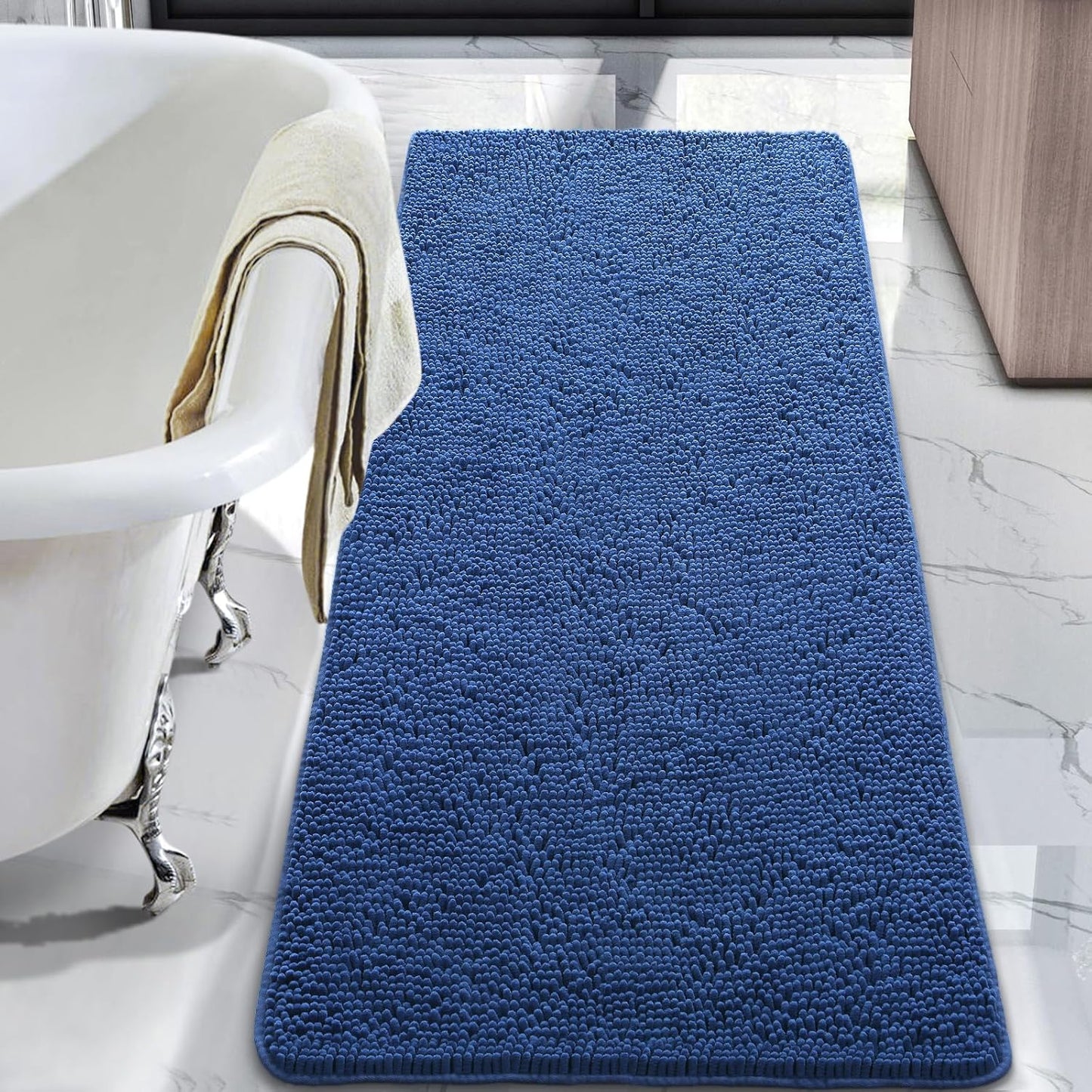 Luxury Bathroom Rug Shaggy Bath Mat 24 x 60 Inch, Washable Non Slip Bath Rugs for Bathroom Shower, Soft Plush Chenille Absorbent Carpets Mats, Black