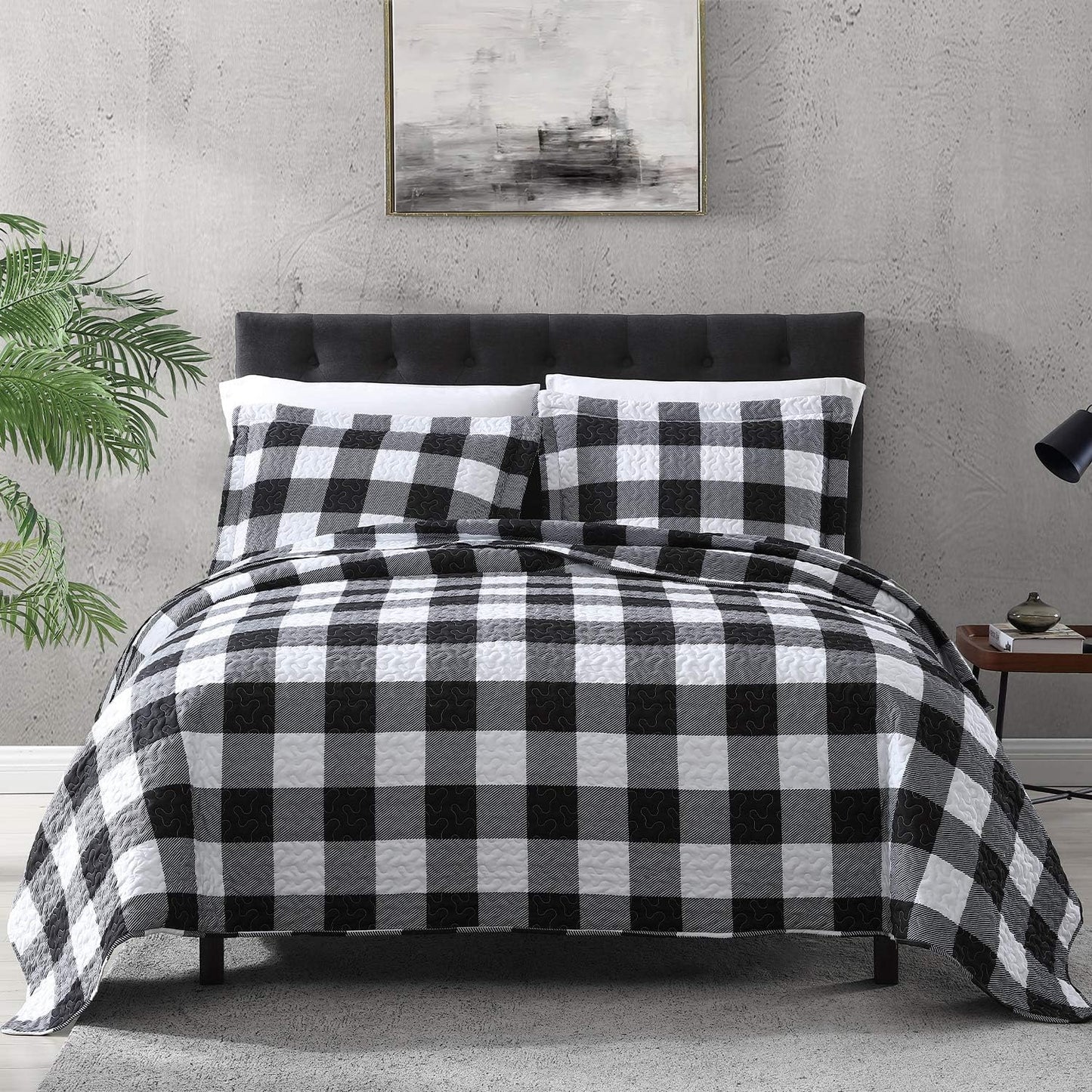 Home Quilt Set Full Queen Size Grey 3 Piece,Lightweight Soft Coverlet Squares Pattern Bedspread Set for All Season(1 Quilt,2 Pillow Shams)