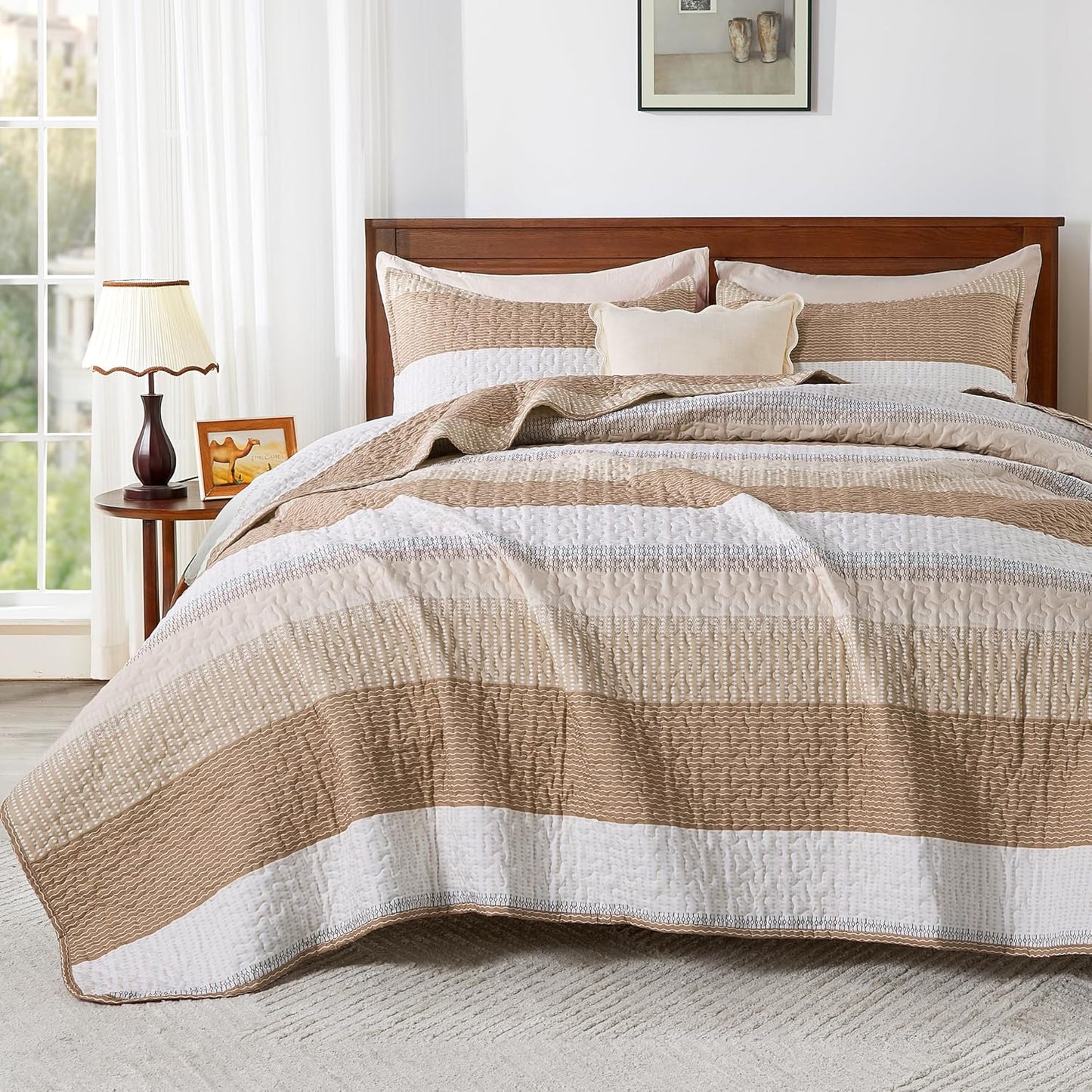 King Size Quilt Set Mineral Blue, 3 Pieces Summer Ultra Soft Lightweight Bedspreads & Coverlets Set, Patchwork Striped Quilted Bedding Sets for All Seasons (1 Quilt, 2 Pillow Shams)