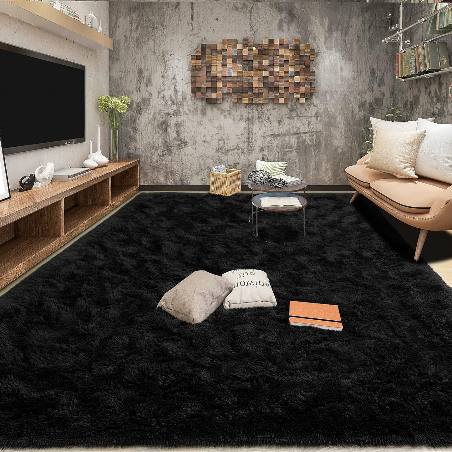 Area Rugs 8x10 for Living Room, Super Soft Fluffy Rugs for Bedroom, Modern Shaggy Rug Fuzzy Carpets for Kids, Plush Indoor Nursery Home Decor Rug with Non-Slip Bottom, Black