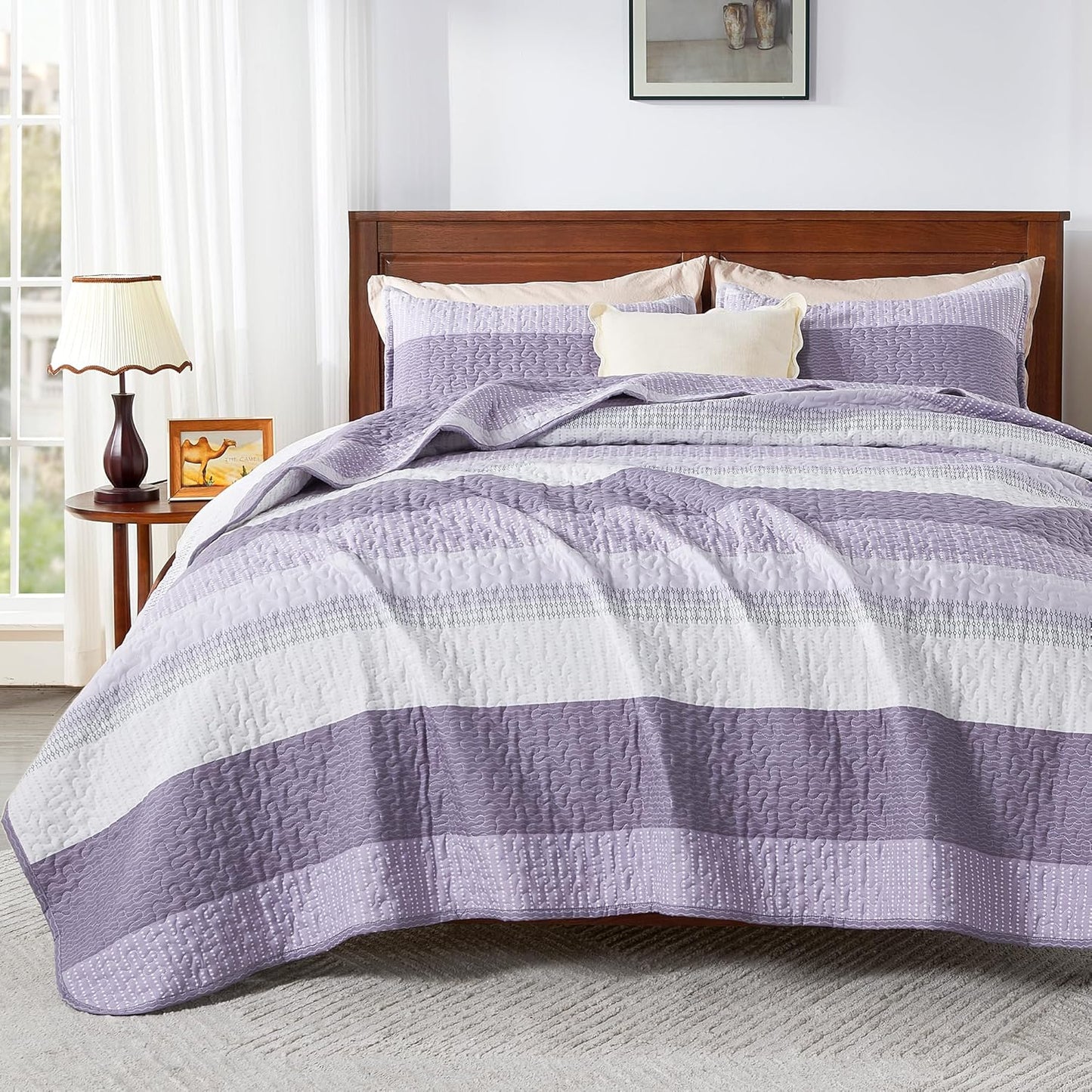 King Size Quilt Set Mineral Blue, 3 Pieces Summer Ultra Soft Lightweight Bedspreads & Coverlets Set, Patchwork Striped Quilted Bedding Sets for All Seasons (1 Quilt, 2 Pillow Shams)