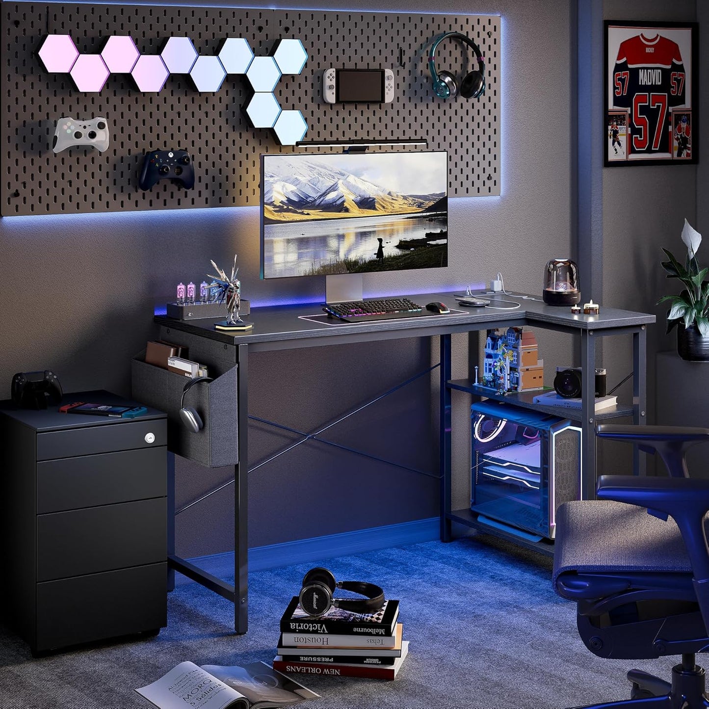 Small Computer Desk with Power Outlets, 40 Inch L Shaped Desk with Reversible Shelves, Gaming Desk Corner Desk Study Writing Table for Home Office Bedroom Living Room, Black