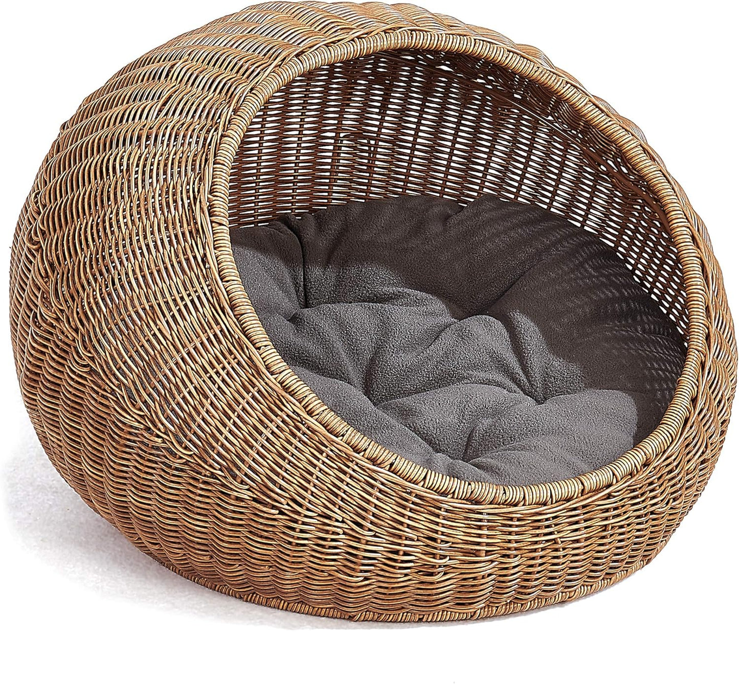 Wicker Cat Bed Dome for Medium Indoor Cats - a Covered Cat Hideaway Hut of Faux Rattan Houses Pets in Dome Basket, Washable
