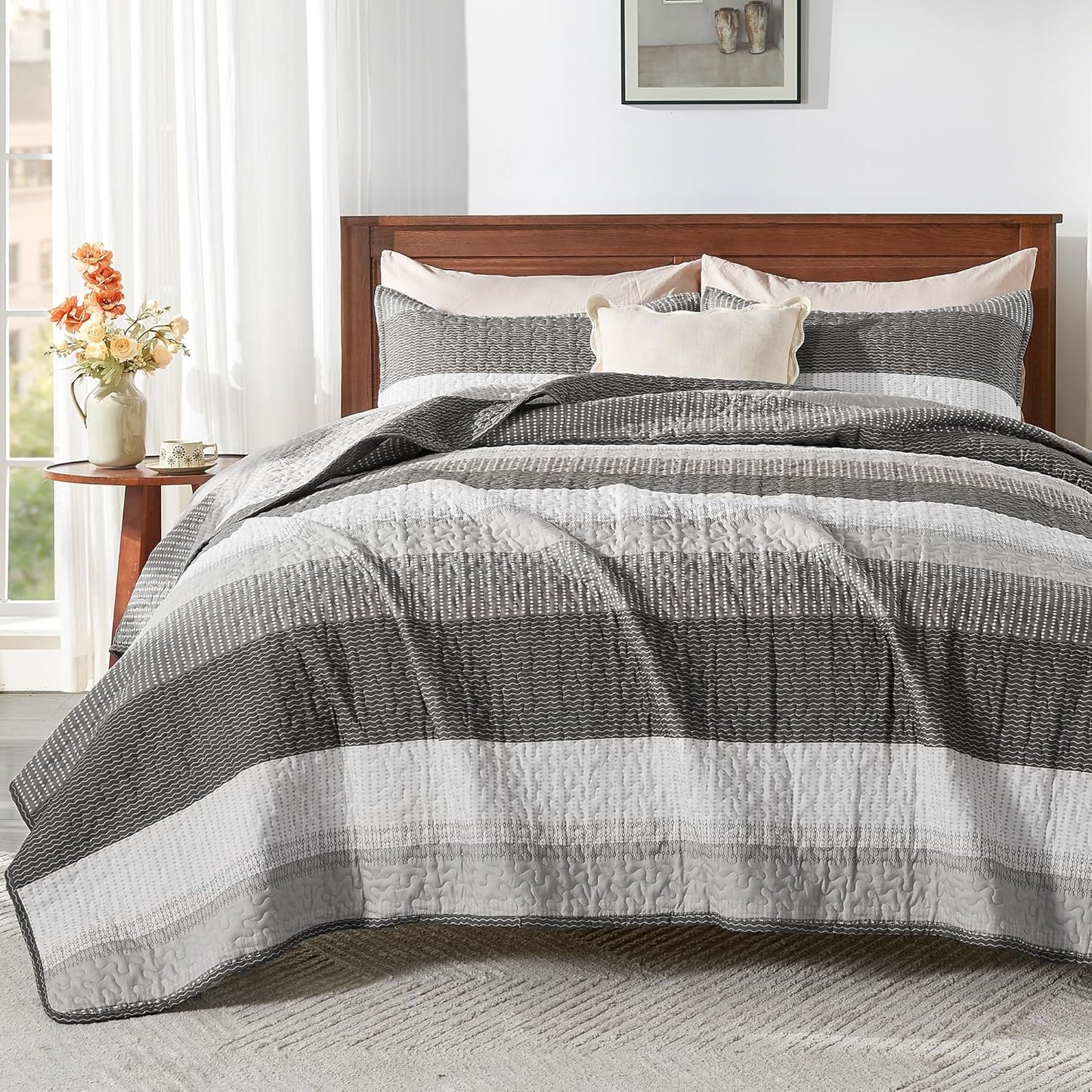 King Size Quilt Set Mineral Blue, 3 Pieces Summer Ultra Soft Lightweight Bedspreads & Coverlets Set, Patchwork Striped Quilted Bedding Sets for All Seasons (1 Quilt, 2 Pillow Shams)