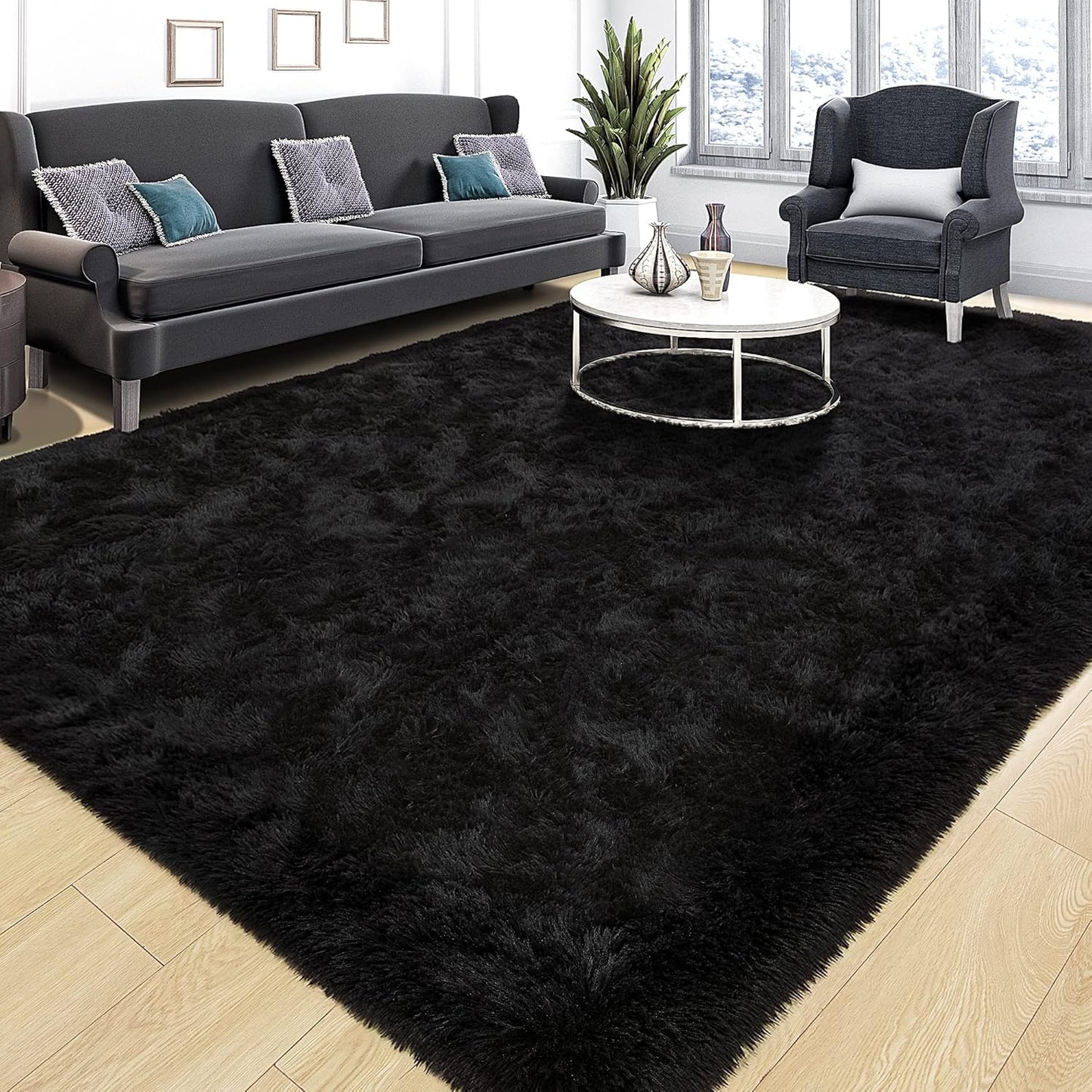 Area Rugs 8x10 for Living Room, Super Soft Fluffy Rugs for Bedroom, Modern Shaggy Rug Fuzzy Carpets for Kids, Plush Indoor Nursery Home Decor Rug with Non-Slip Bottom, Black