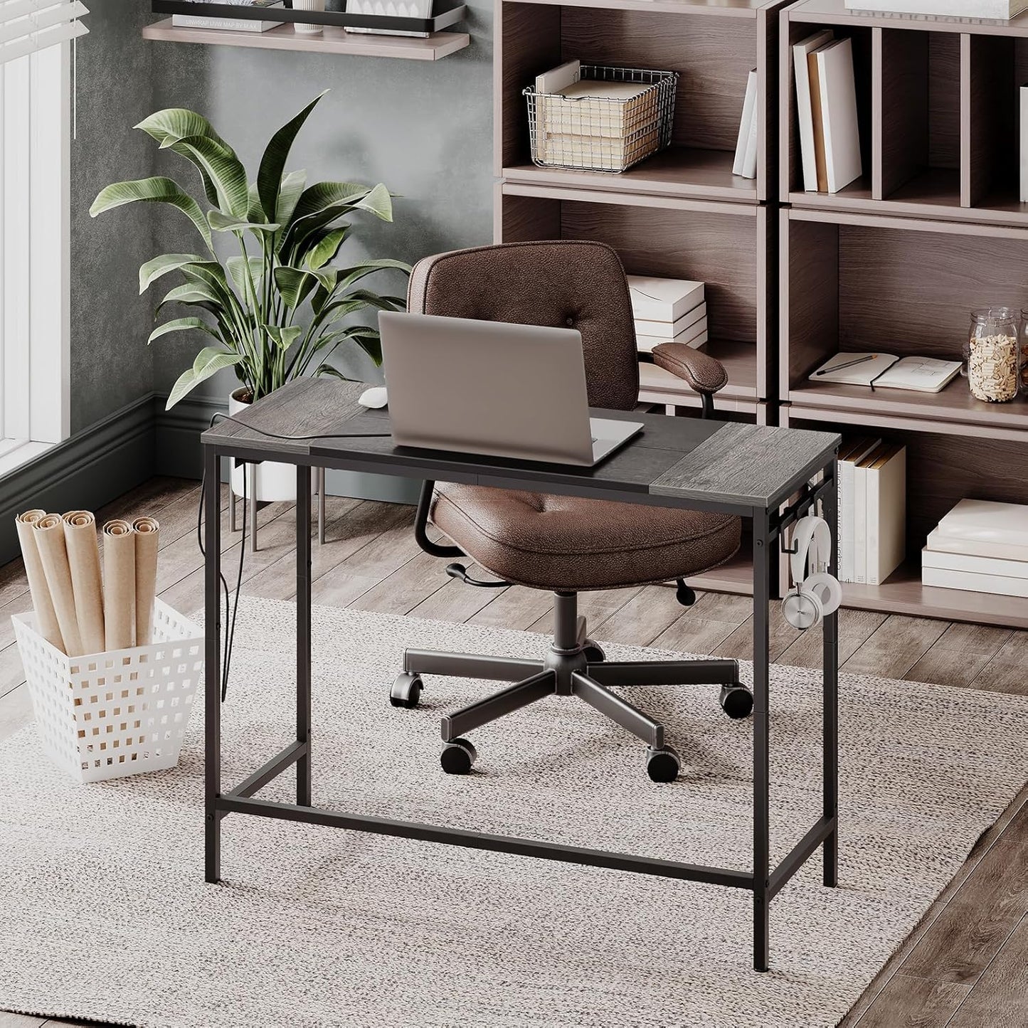 Computer Desk, Home Office Desk with Power Outlet, Modern Study Writing Desk with 3 Hooks for Study Room, Home Office, Sturdy and Stable, Easy to Assemble, Charcoal Gray and Black BC41UDN01