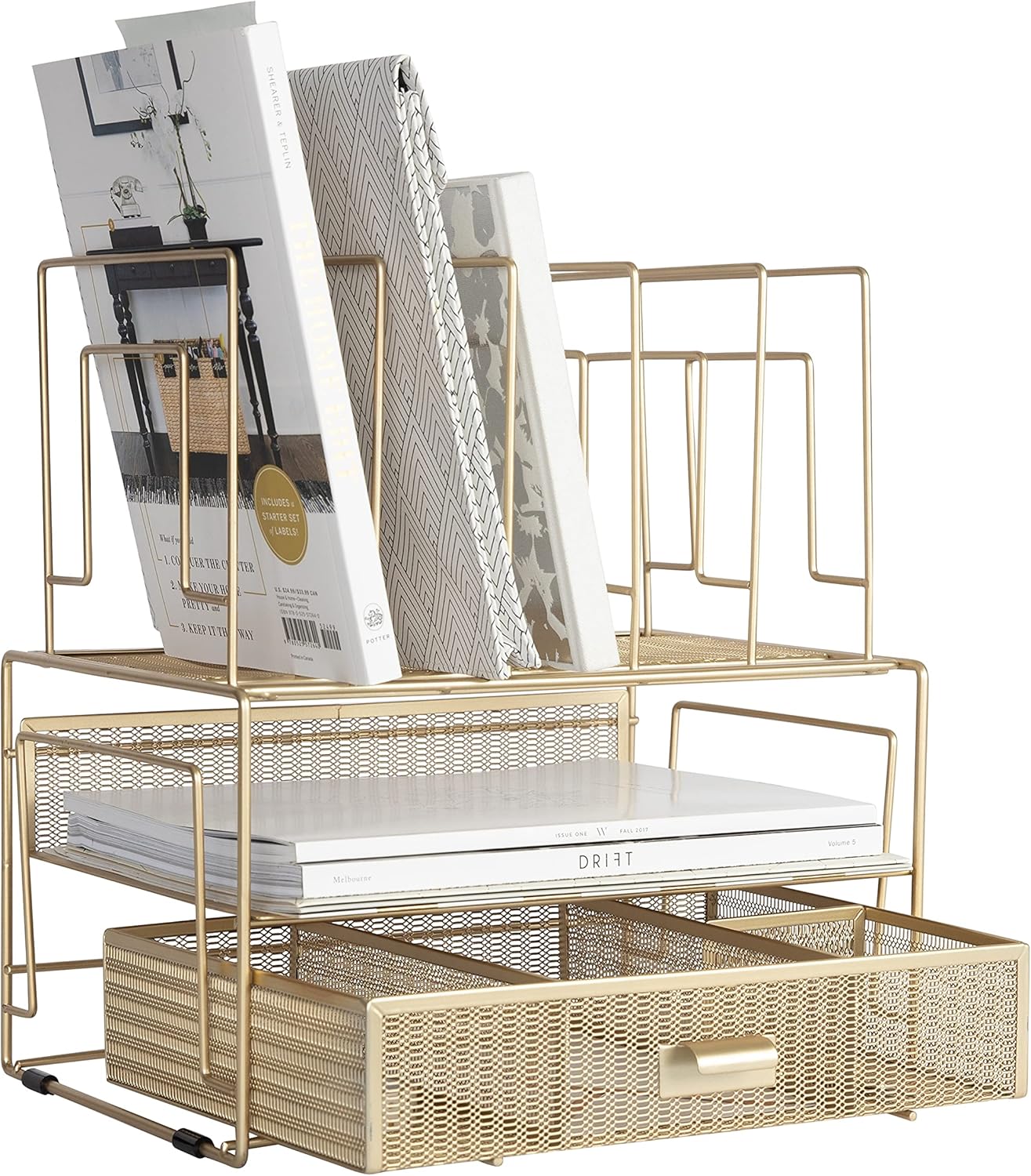 Gold Desk Organizer – Cute File Holder for Desk & Drawer Storage for Office Supplies, Paper, Devices & Folders