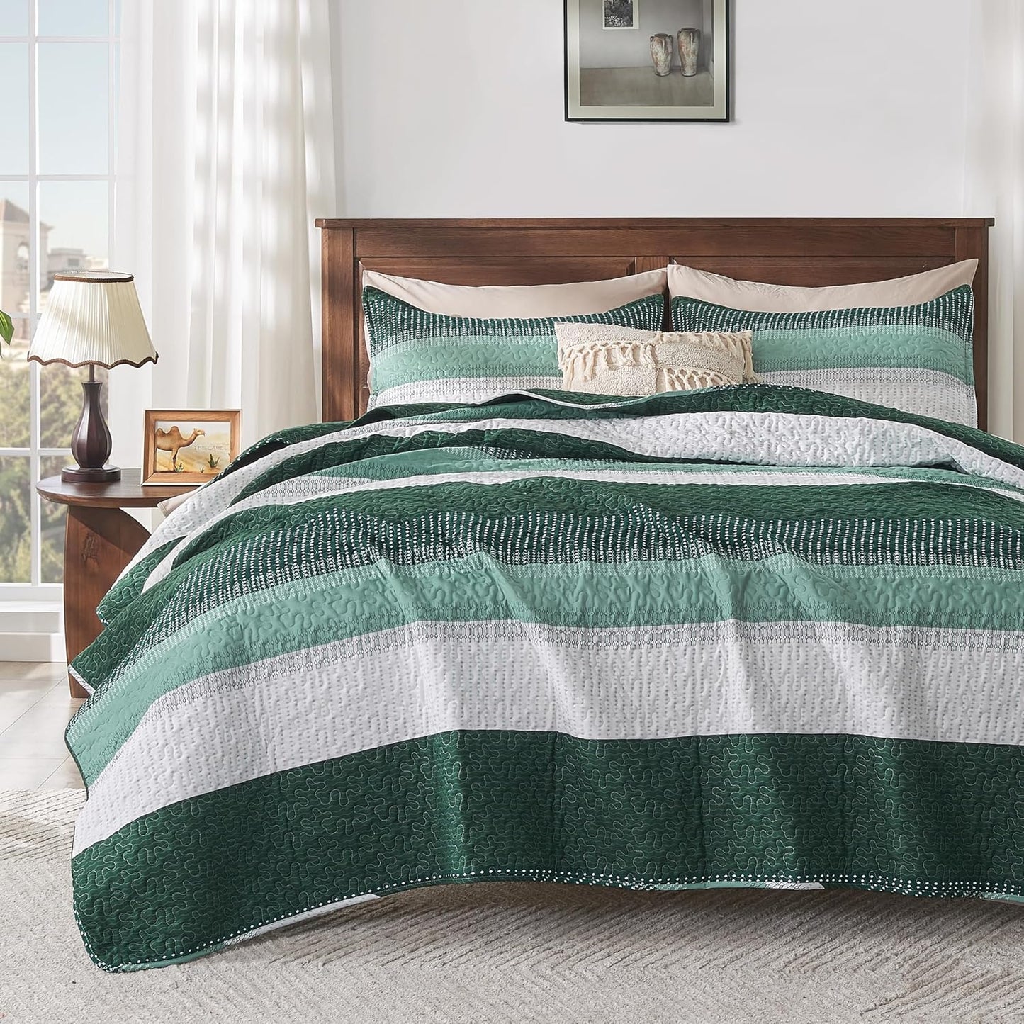King Size Quilt Set Mineral Blue, 3 Pieces Summer Ultra Soft Lightweight Bedspreads & Coverlets Set, Patchwork Striped Quilted Bedding Sets for All Seasons (1 Quilt, 2 Pillow Shams)