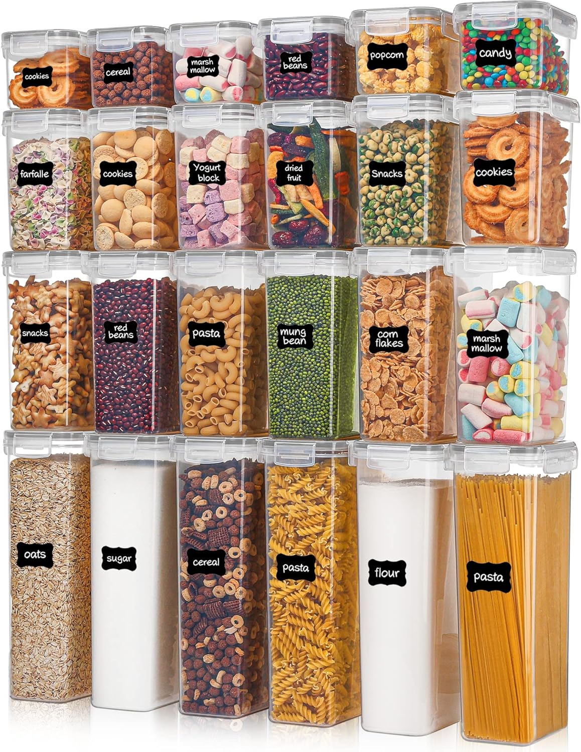 Airtight Food Storage Containers with Lids, 24 pcs Plastic Kitchen and Pantry Organization Canisters for Cereal, Dry Food, Flour and Sugar, BPA Free, Includes 24 Labels,Black