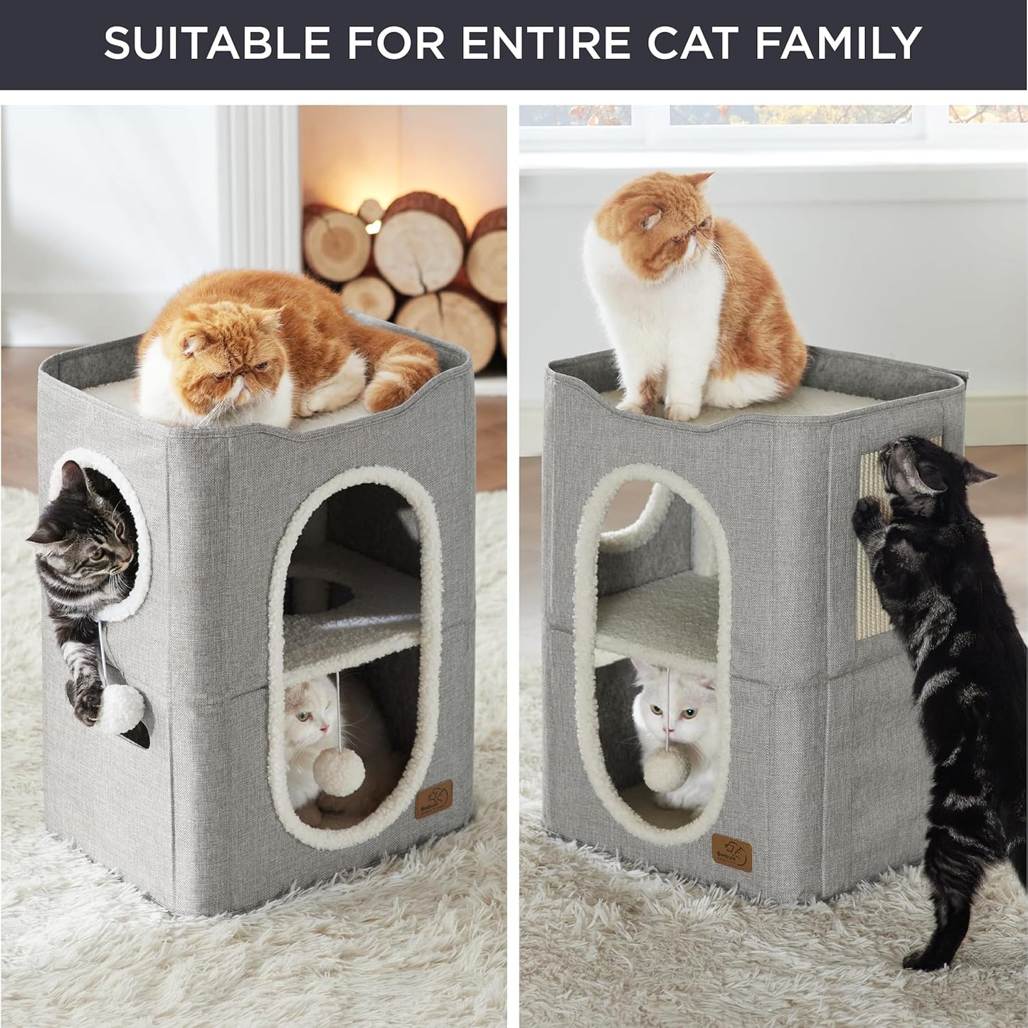 2-Level Cat House for Indoor Cats - Small Cat Towers with Scratch Pad and Hideaway Condo, Cat Cave Bed Furniture for Multi Pets and Large Cats, 18x14x23 inches, Grey