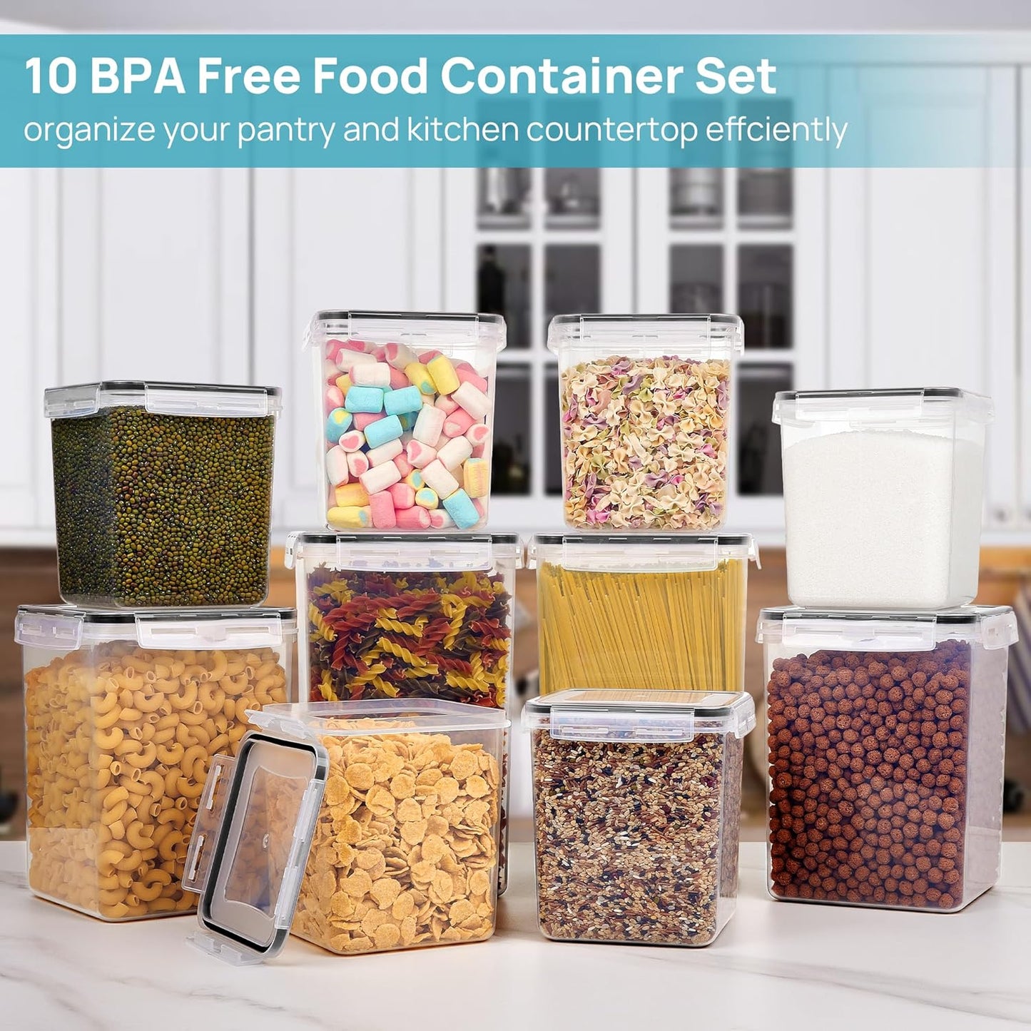 10 PCS Flour and Sugar Storage Container, Large Airtight Food Canisters with Lids for Kitchen, Pantry Organization, BPA Free, Black