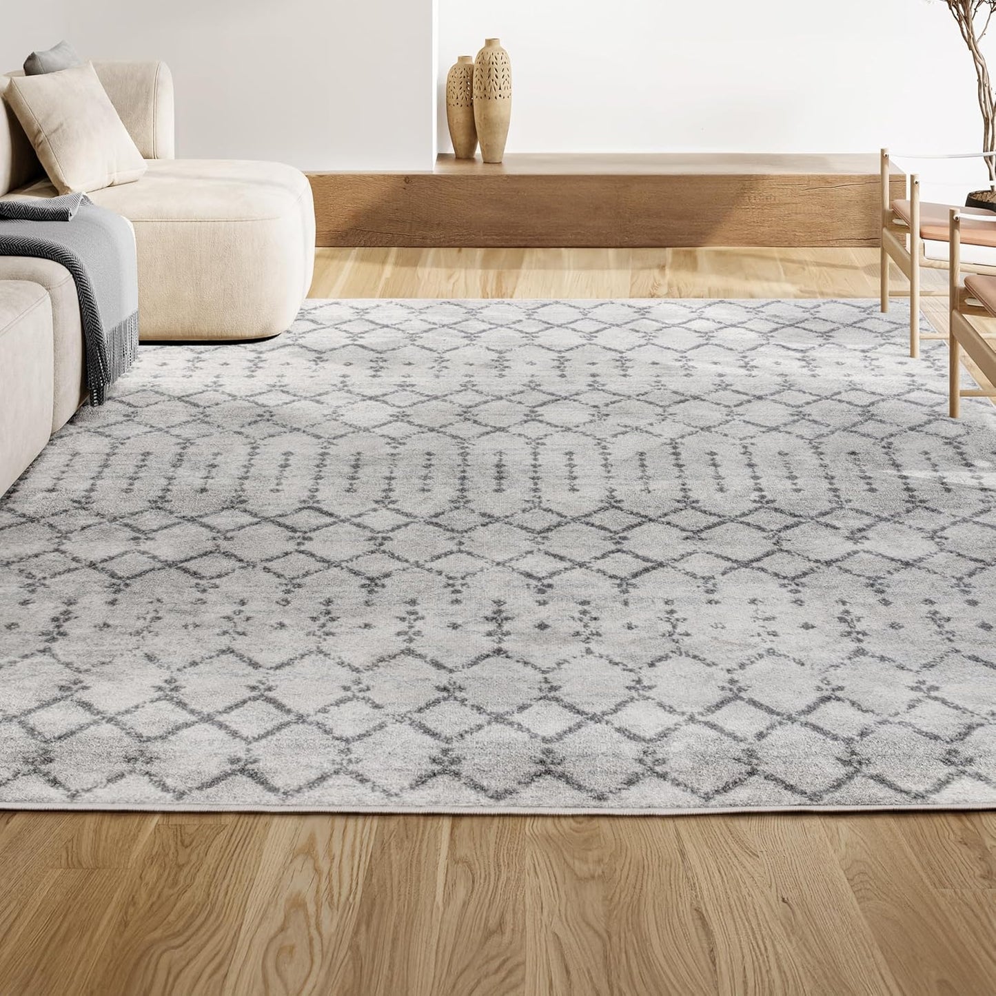 MOH101B-8 Moroccan Hype Boho Vintage Diamond 8 ft. x 10 ft. Area-Rug, Bohemian, Southwestern, Casual, Transitional, Pet Friendly, Non Shedding, Stain Resistant, Easy-Cleaning, Cream/Gray