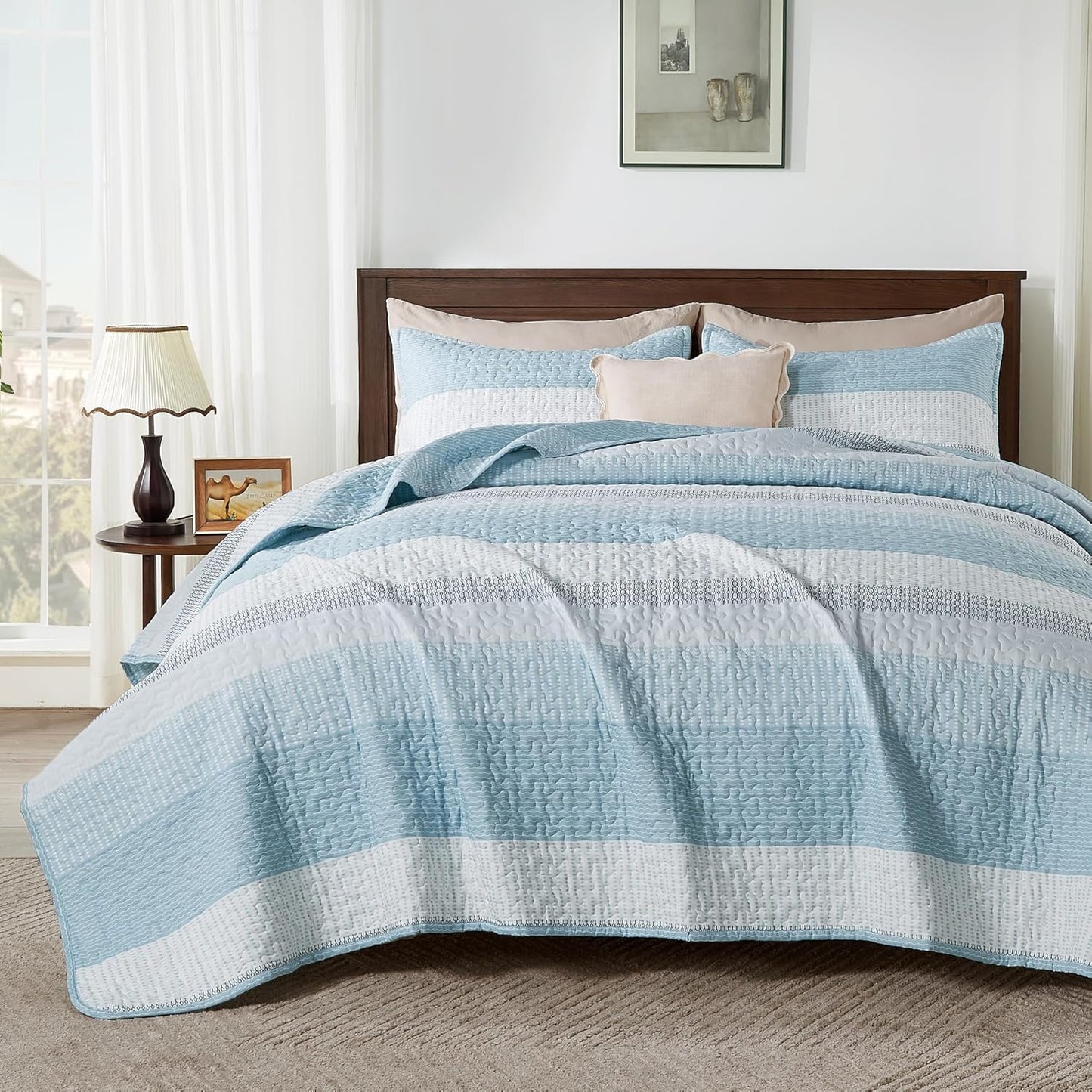 King Size Quilt Set Mineral Blue, 3 Pieces Summer Ultra Soft Lightweight Bedspreads & Coverlets Set, Patchwork Striped Quilted Bedding Sets for All Seasons (1 Quilt, 2 Pillow Shams)