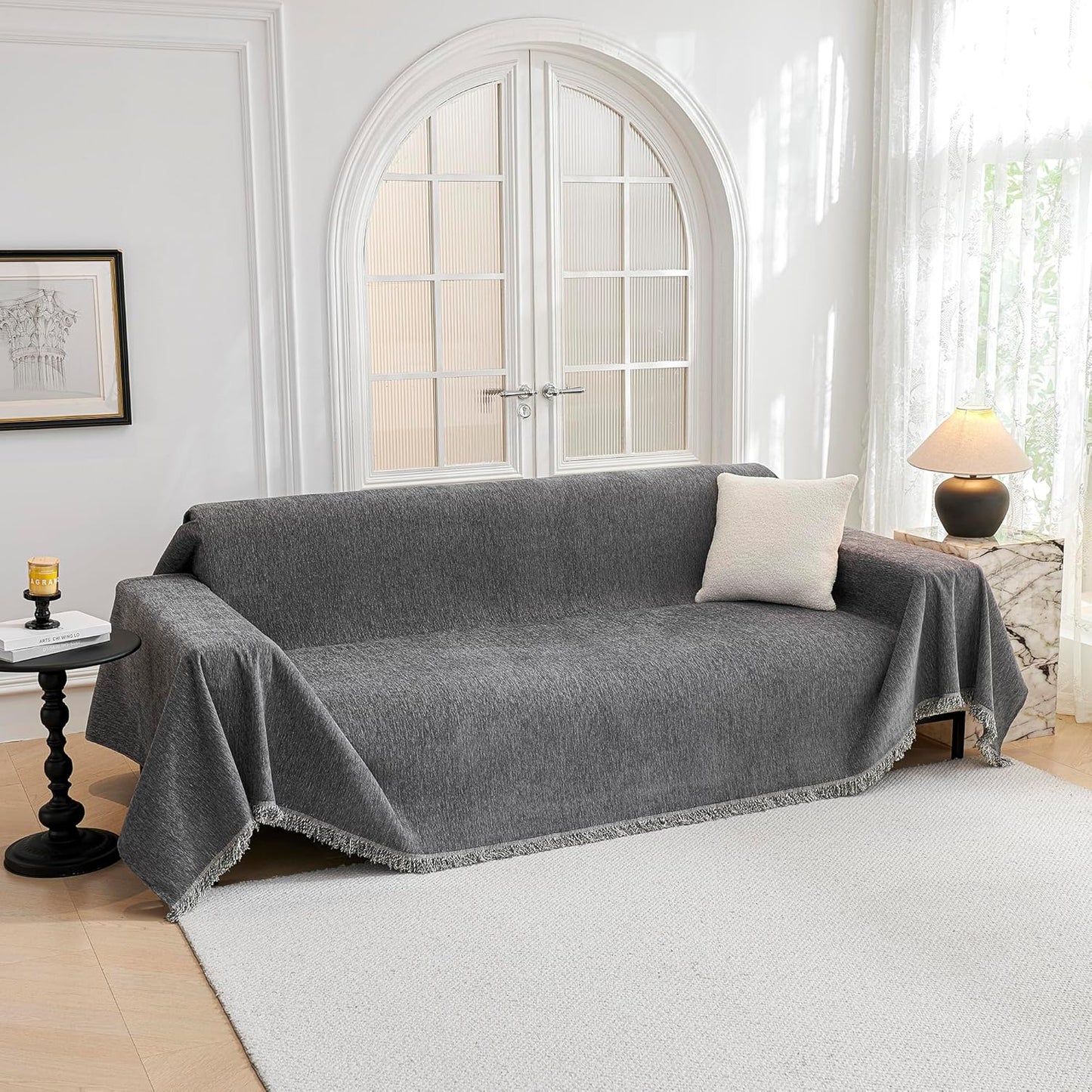 Couch Cover for Dogs, Washable Couch Covers, Non Slip Couch Sofa Cover, Couch Cover 2 Cushion Sofa Dogs Furniture Protector with Tassels Chenille Sofa Covers for Pets, 71"x118", Dark Grey