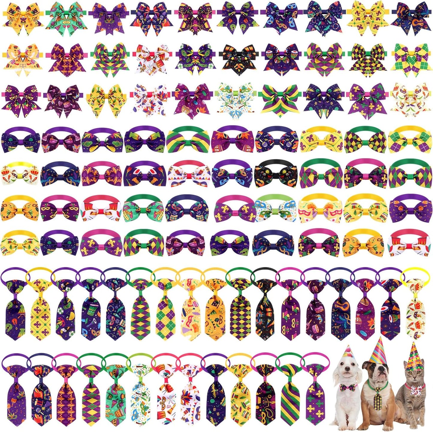 100 Pieces Dog Bow Tie Collar Set Include 40 Dog Neckties, and 30 Puppy Bowties, 30 Collar Flowers, Adjustable Pet Ties Grooming for Small Medium Cats Pets Supply(Paw Bone)