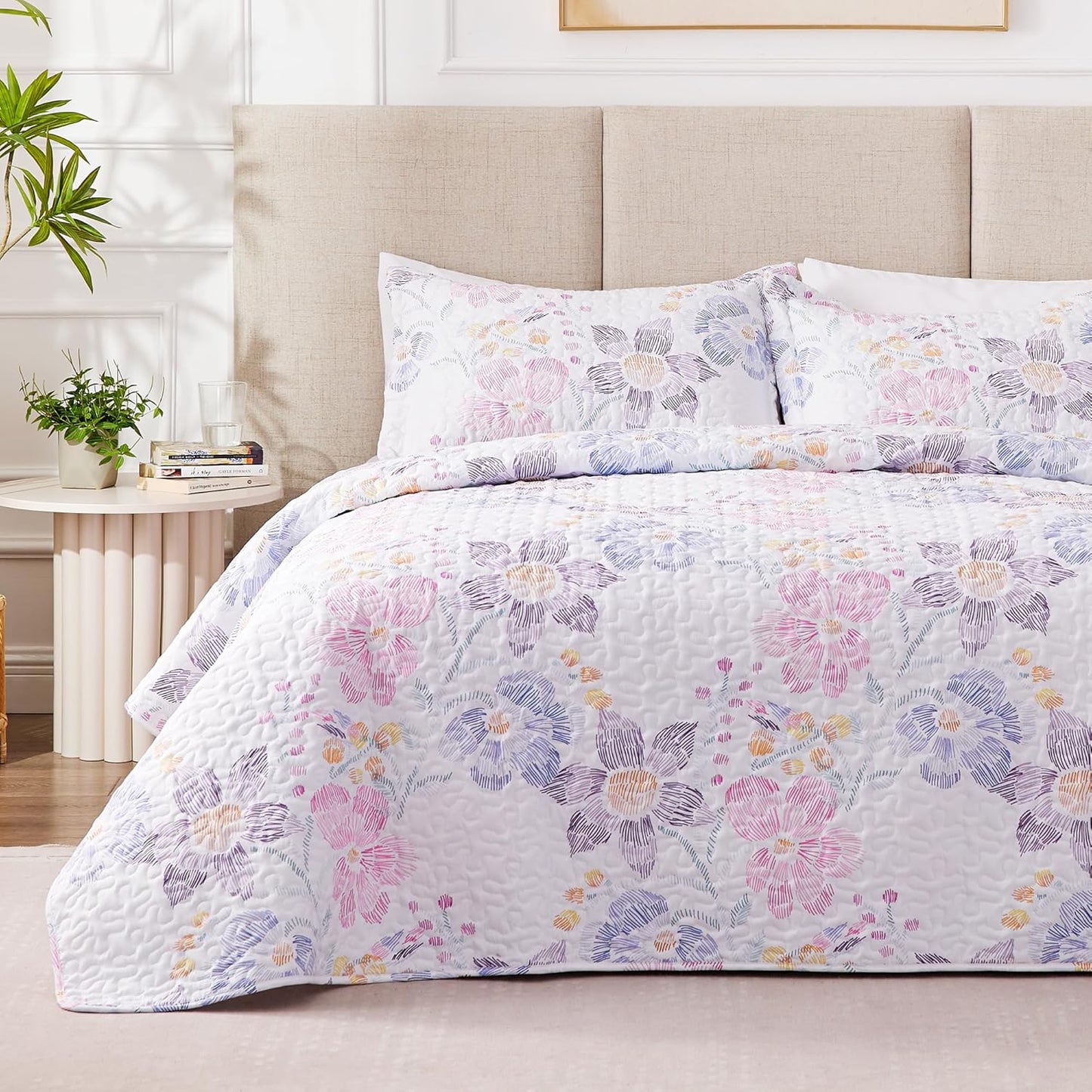 Home Quilt Set Full Queen Size Grey 3 Piece,Lightweight Soft Coverlet Squares Pattern Bedspread Set for All Season(1 Quilt,2 Pillow Shams)