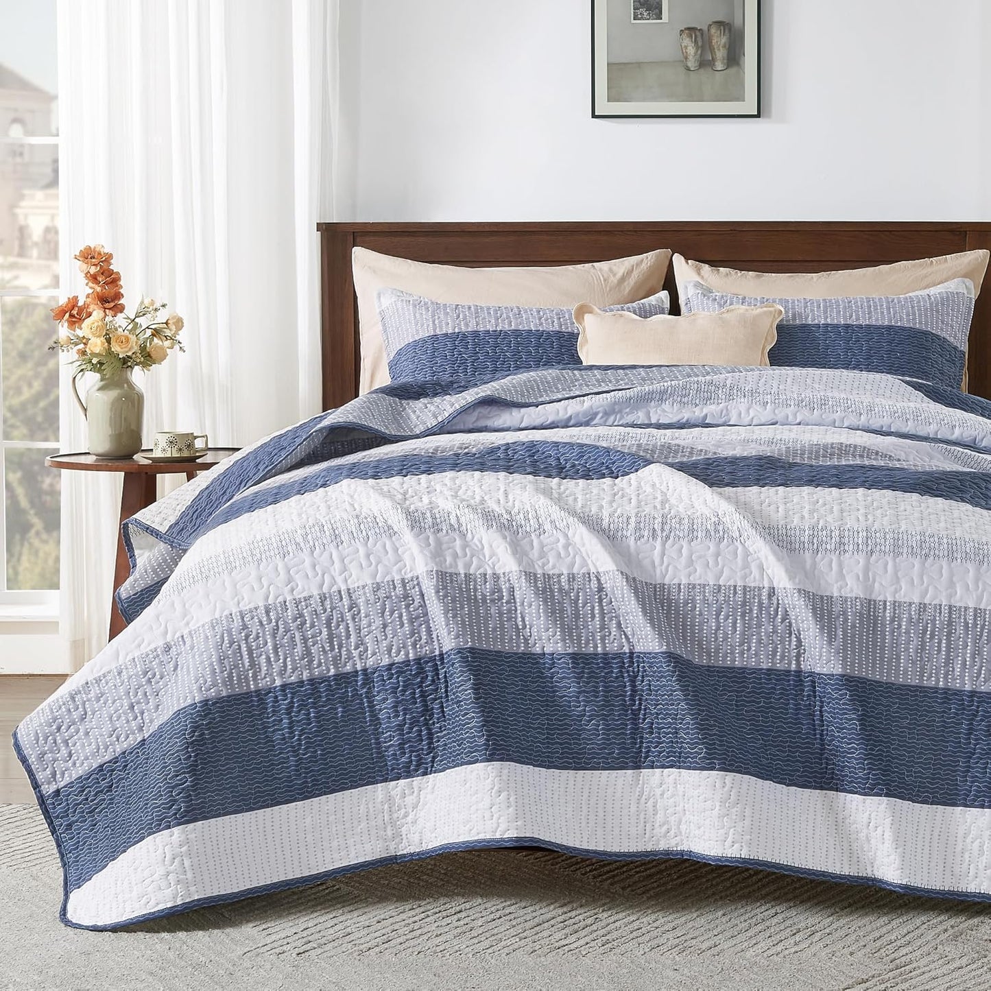 King Size Quilt Set Mineral Blue, 3 Pieces Summer Ultra Soft Lightweight Bedspreads & Coverlets Set, Patchwork Striped Quilted Bedding Sets for All Seasons (1 Quilt, 2 Pillow Shams)