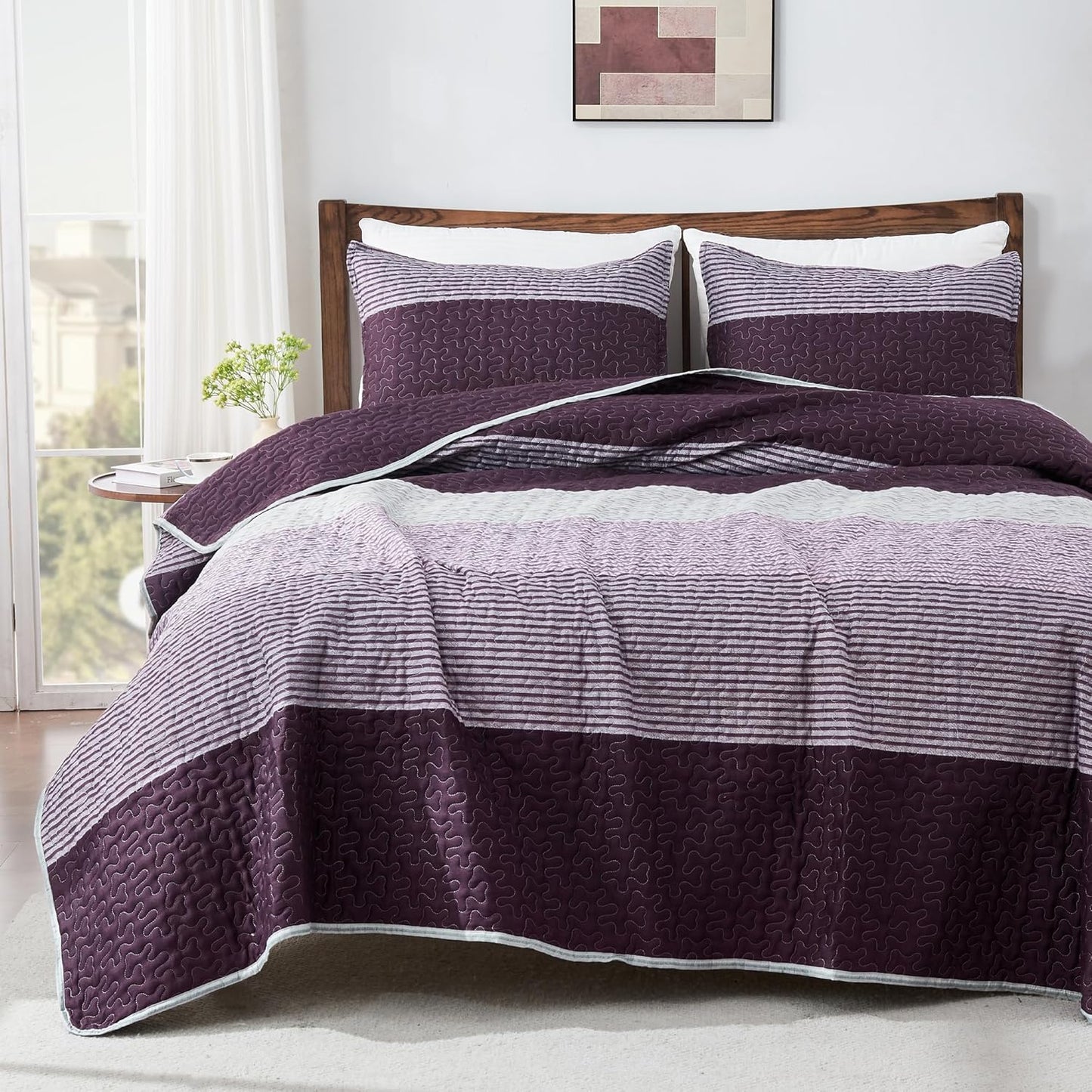 King Size Quilt Set Mineral Blue, 3 Pieces Summer Ultra Soft Lightweight Bedspreads & Coverlets Set, Patchwork Striped Quilted Bedding Sets for All Seasons (1 Quilt, 2 Pillow Shams)